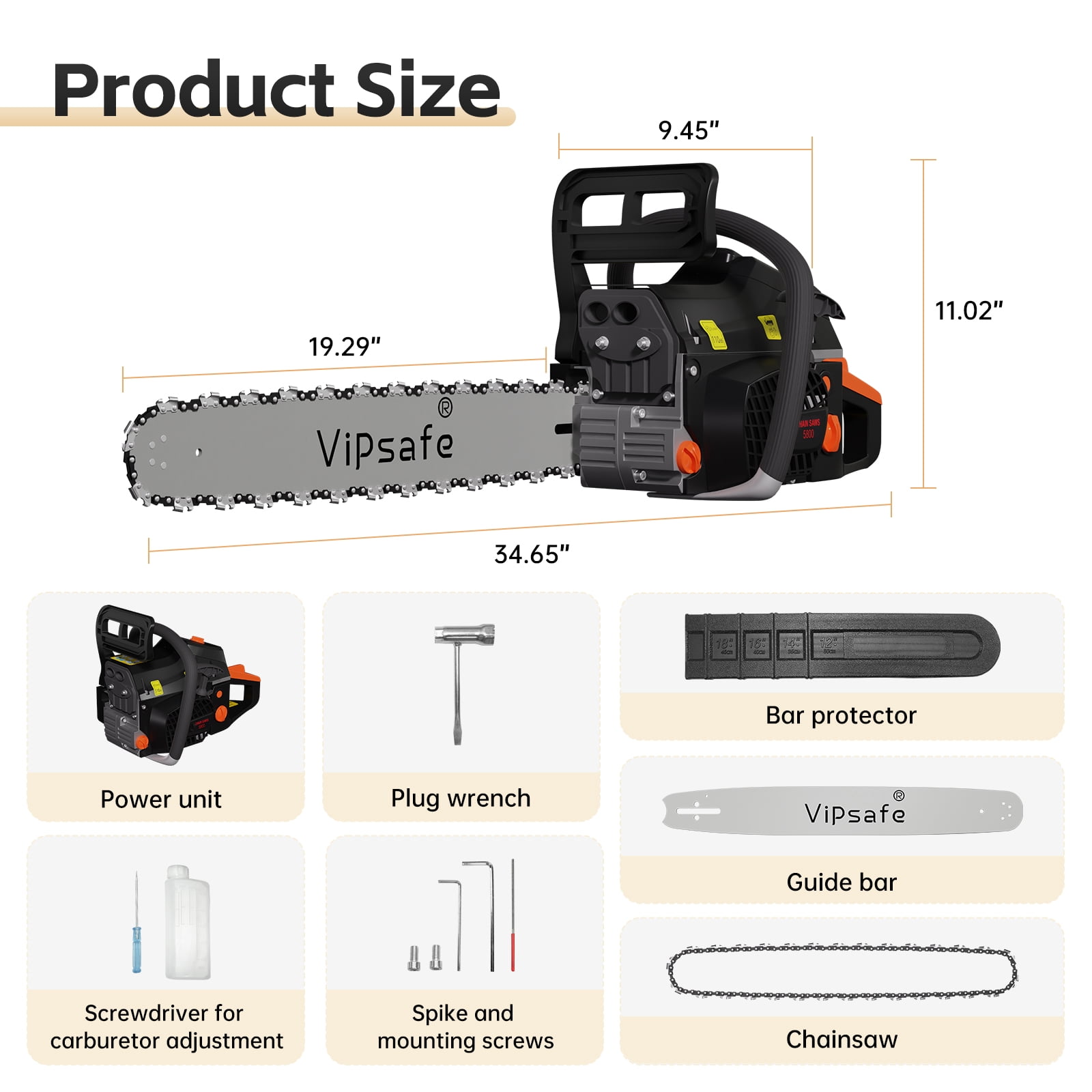 Vipsafe 58cc Gas Chainsaw, 2-Cycle Engine, Anti-Vibration, Heavy-Duty Tree Cutting & Wood Trimming (Red, 20 in) r7awt