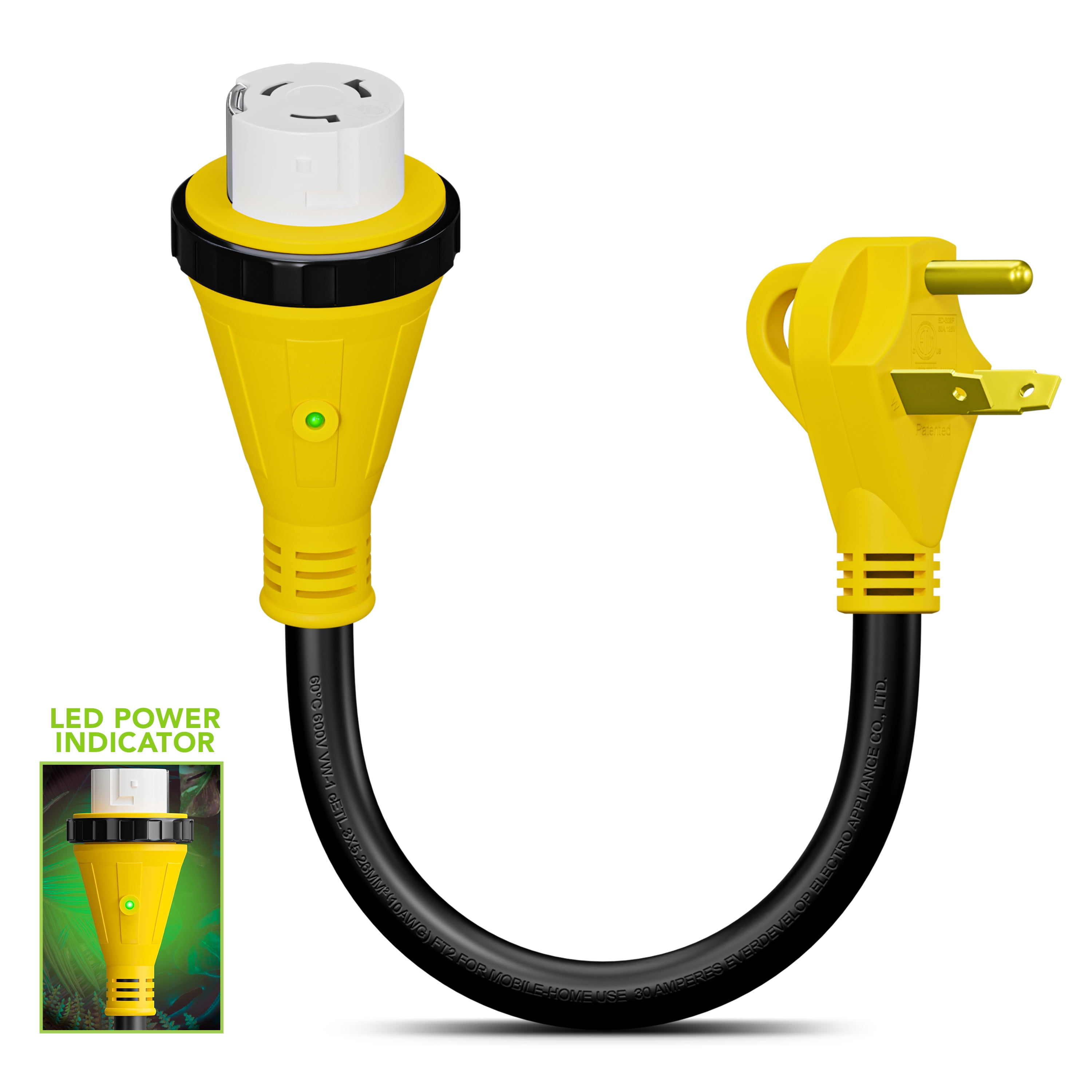 Leisure RV Power Cord Adapter 30 Amp Male to 50 Amp Female Locking Connector (12 in) u9py1