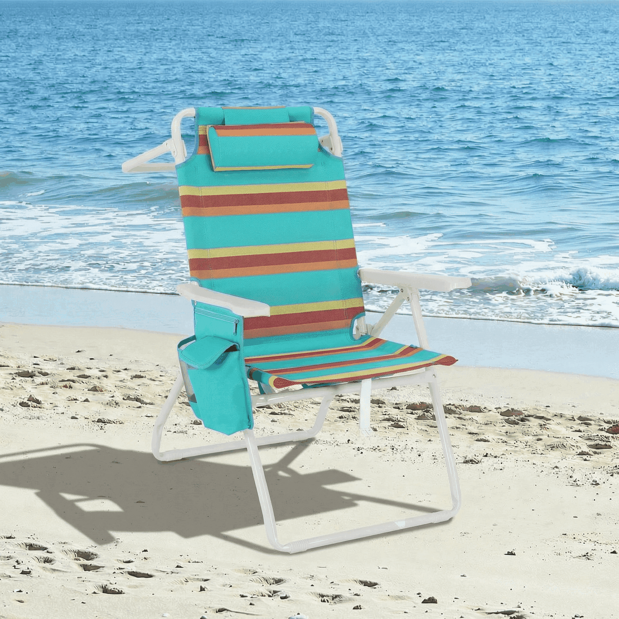 Pirecart Tall Folding Beach Chair with 5-Position Recline and Cooler Pouch (Orange Yellow Blue Stripes, 350 lb Capacity) 9fptt