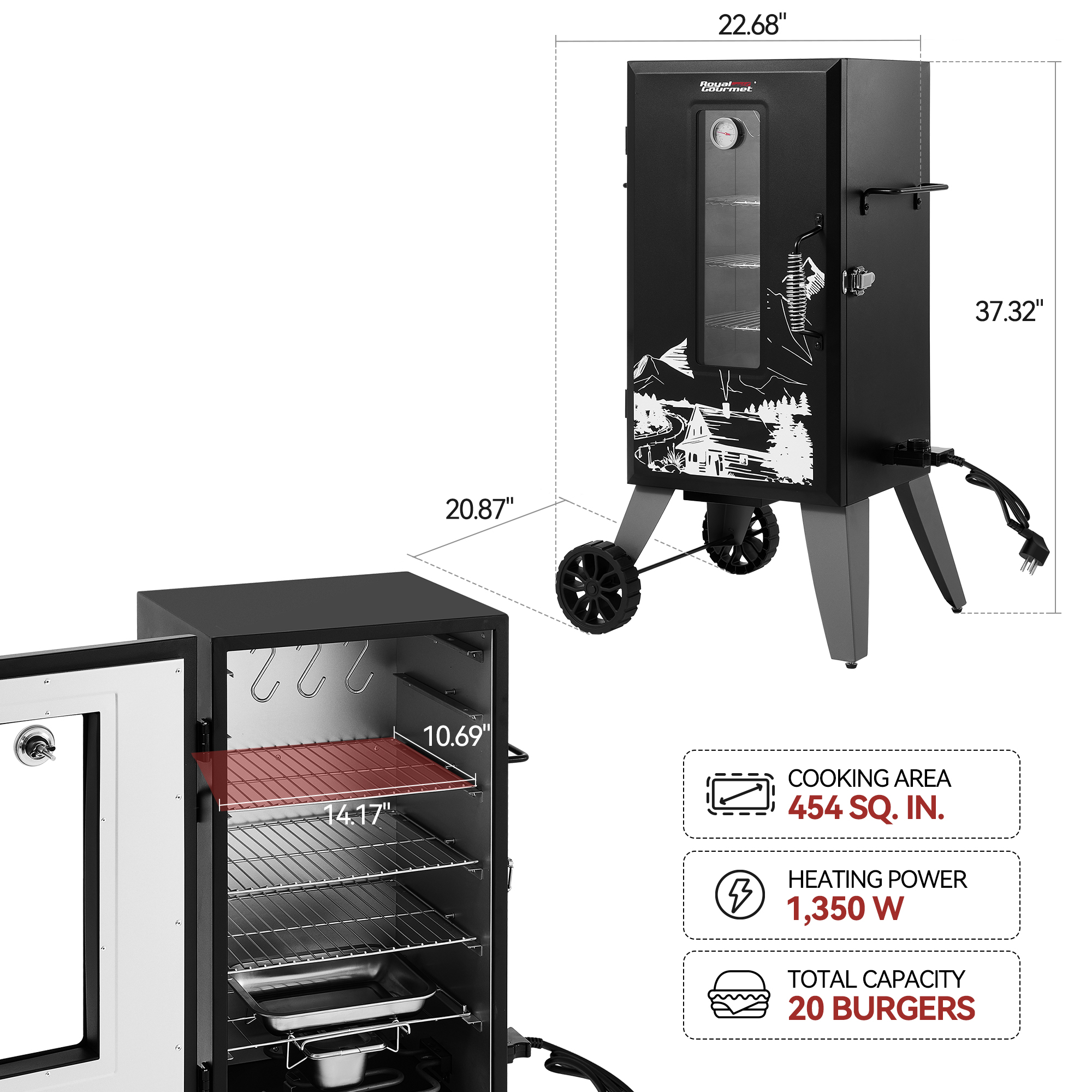 Royal Gourmet SE2806 28-inch Analog Electric Smoker with Clear-view Window and 3 Racks (Black, 22.68 in x 20.87 in x 37.32 in) 5lc3x