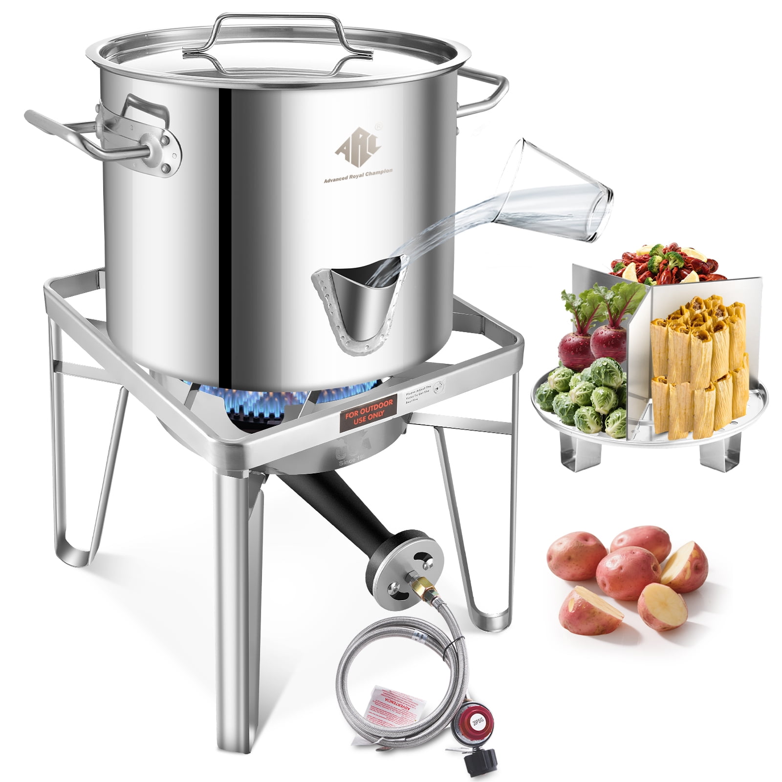 ARC 32QT Stainless Steel Steamer Pot with Propane Burner for Outdoor Cooking (Silver, 32 qt) pwjps
