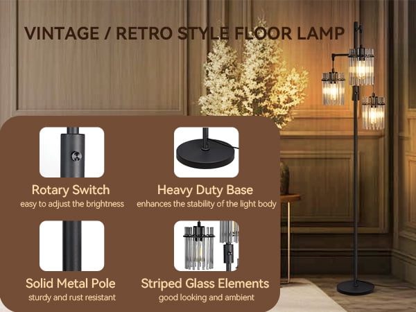 Muaket Industrial Modern Floor Lamp, Dimmable Tree Standing Light with 3 Teardrop Glass Cage Shades (Black, 65 in) yh6qg
