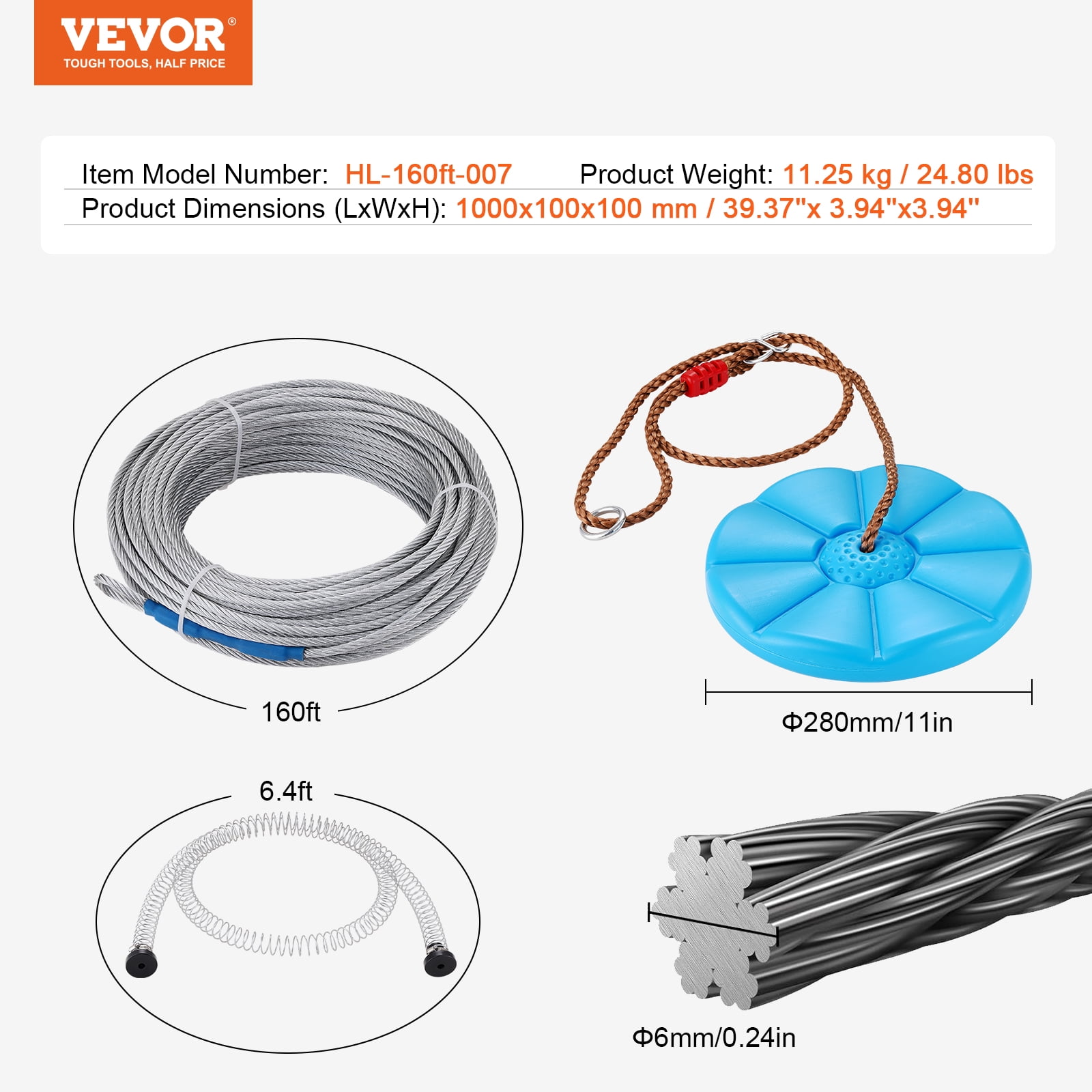 VEVOR Zipline Kit for Backyard Outdoor Play, Heavy-Duty Stainless Steel Cable with Spring Brake and Safety Harness (Blue, 160 ft) t0r89