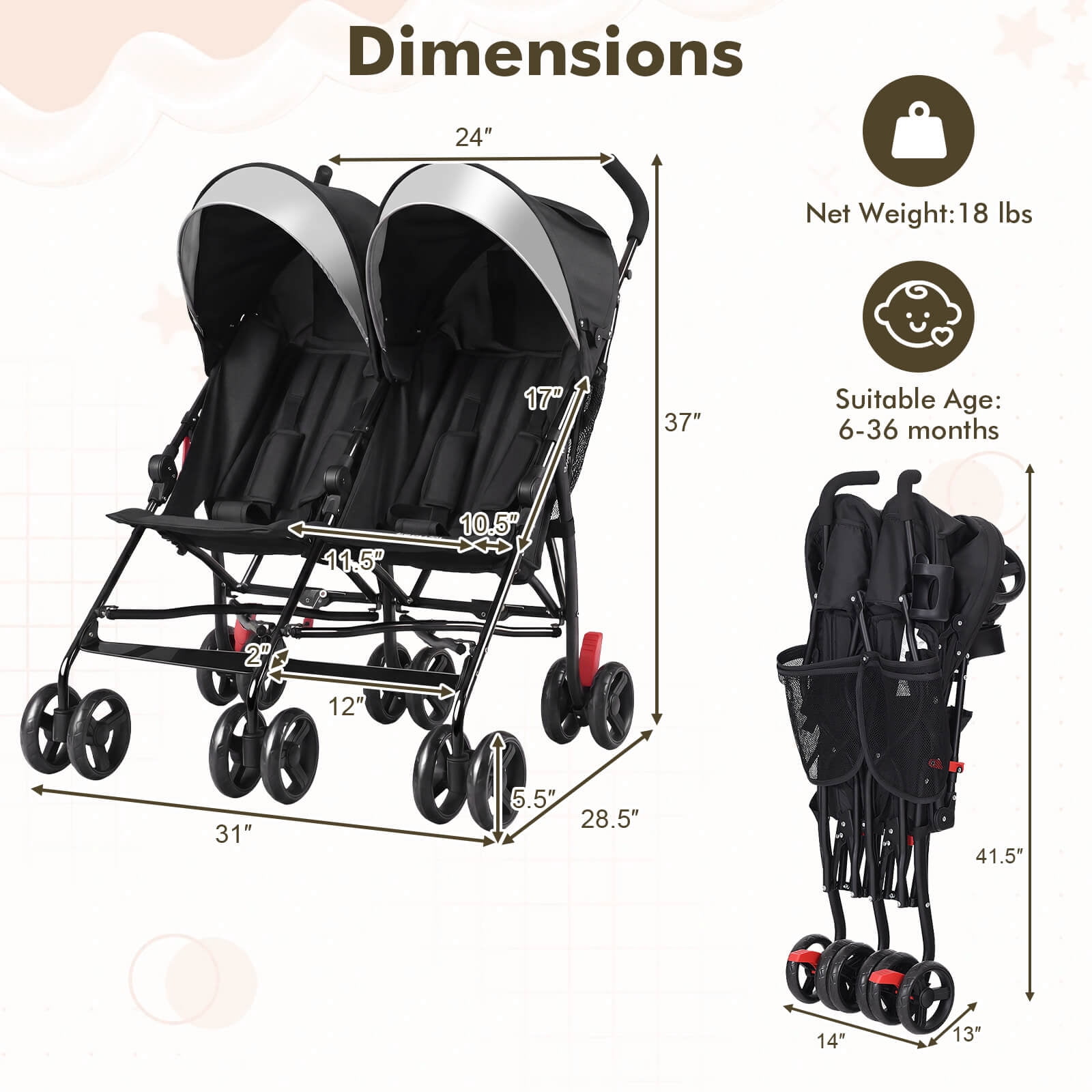 Costway Foldable Twin Baby Double Stroller Ultralight Umbrella Pushchair (Black) 92wl4