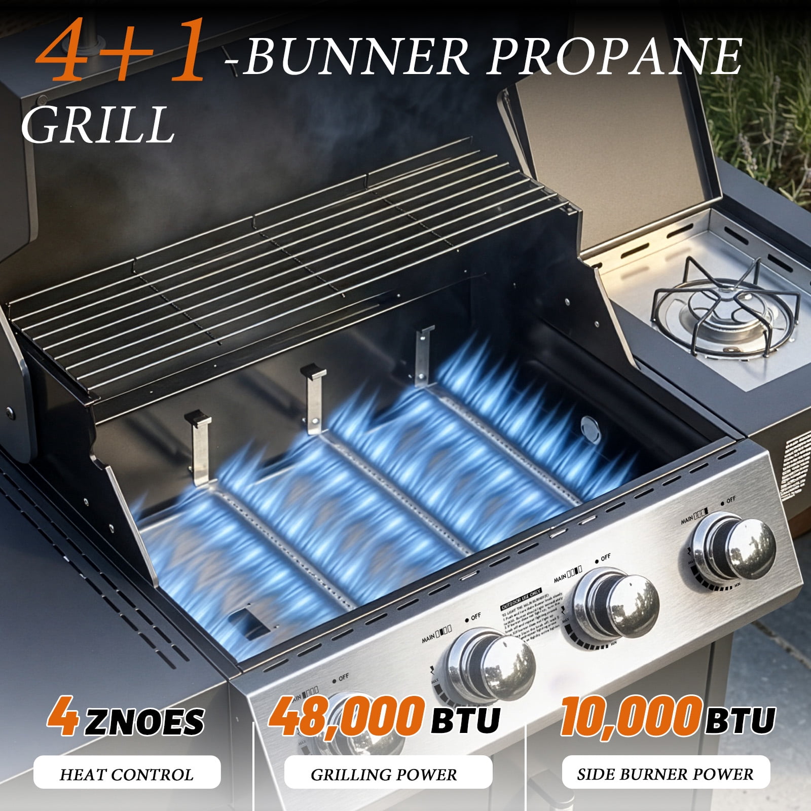 Ktaxon 4-Burner Propane Gas Grill with Side Burner and Wheels (Black, 58000 BTU) 7pug5