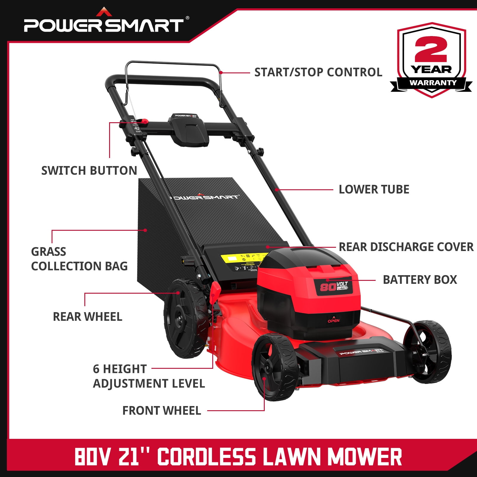 PowerSmart 80V MAX 21 in Cordless Lawn Mower, 3-in-1 Brushless Electric Mower with 6.0Ah Battery and Charger (Red, 21 in) 1jo7t