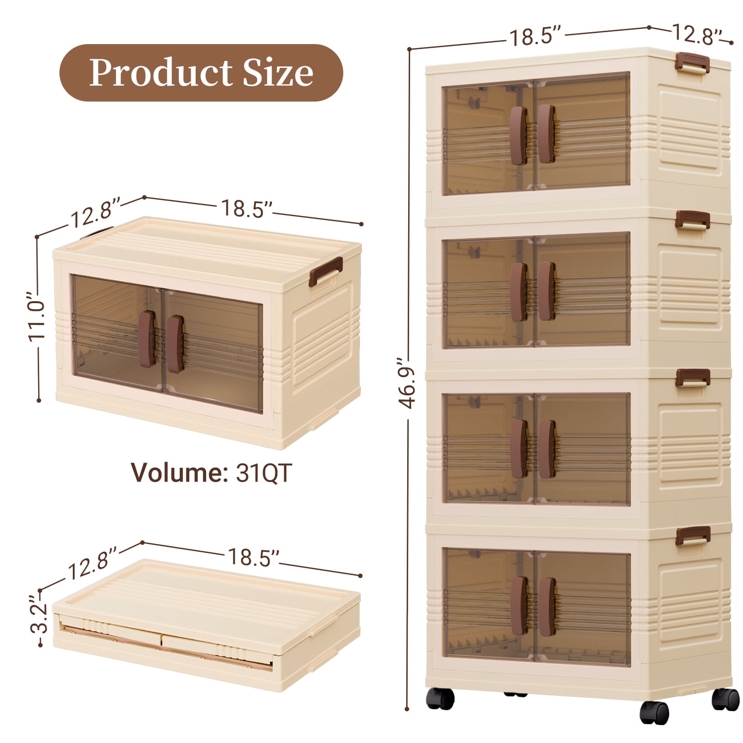 TINANA Stackable Storage Bins with Lids and Wheels, 4-Tier Folding Closet Organizers (White, 124 QT Total) sslur