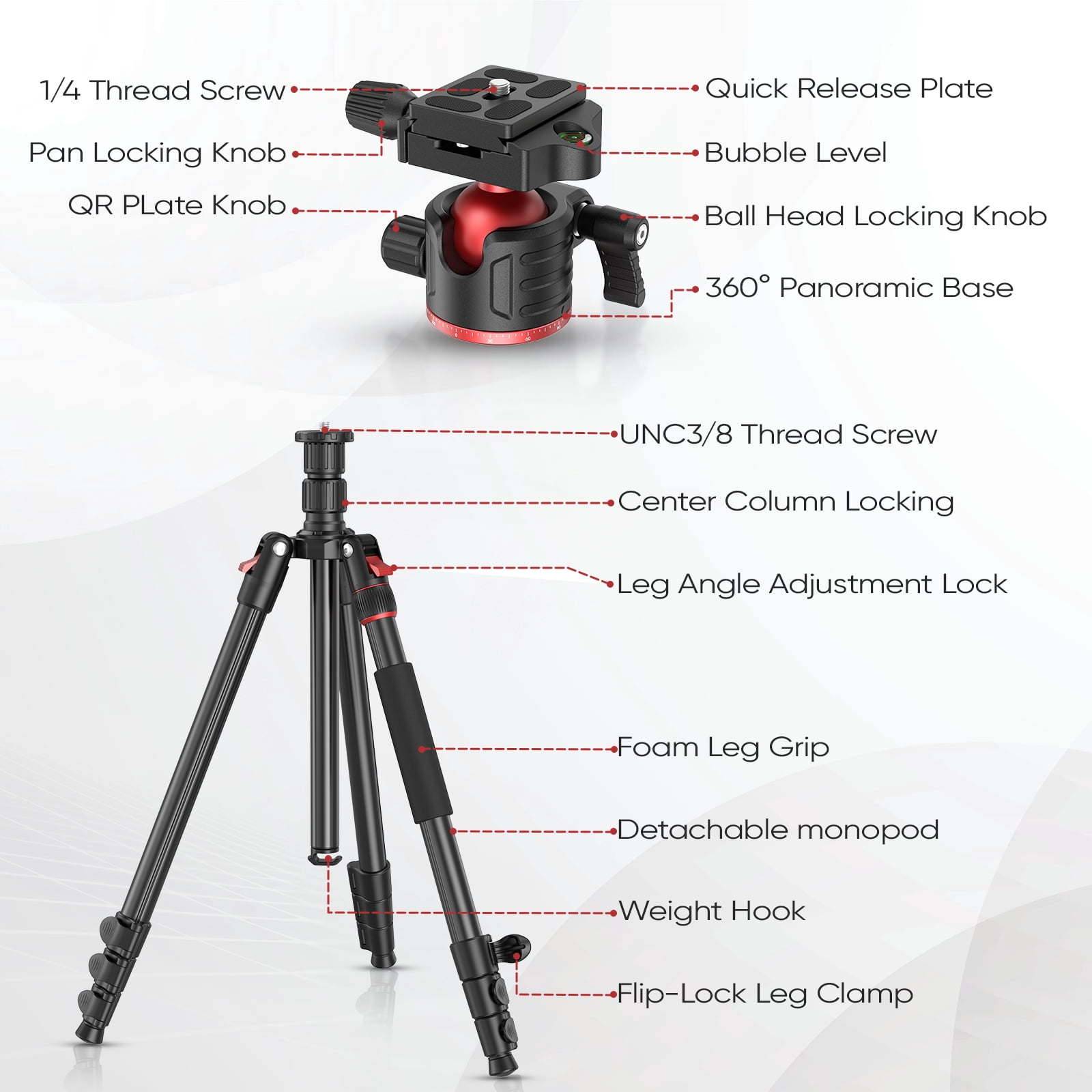 BNISE Aluminum DSLR Camera Tripod with 360° Panoramic Ball Head and Monopod Conversion (67 in) qv3z7