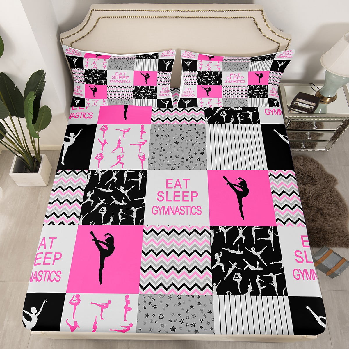 Manfei Sport Theme Twin Sheet Set, Gymnastics Pattern Bedding with Pink Geometric Wave Lines (3-Piece Set, Twin) v0xx2