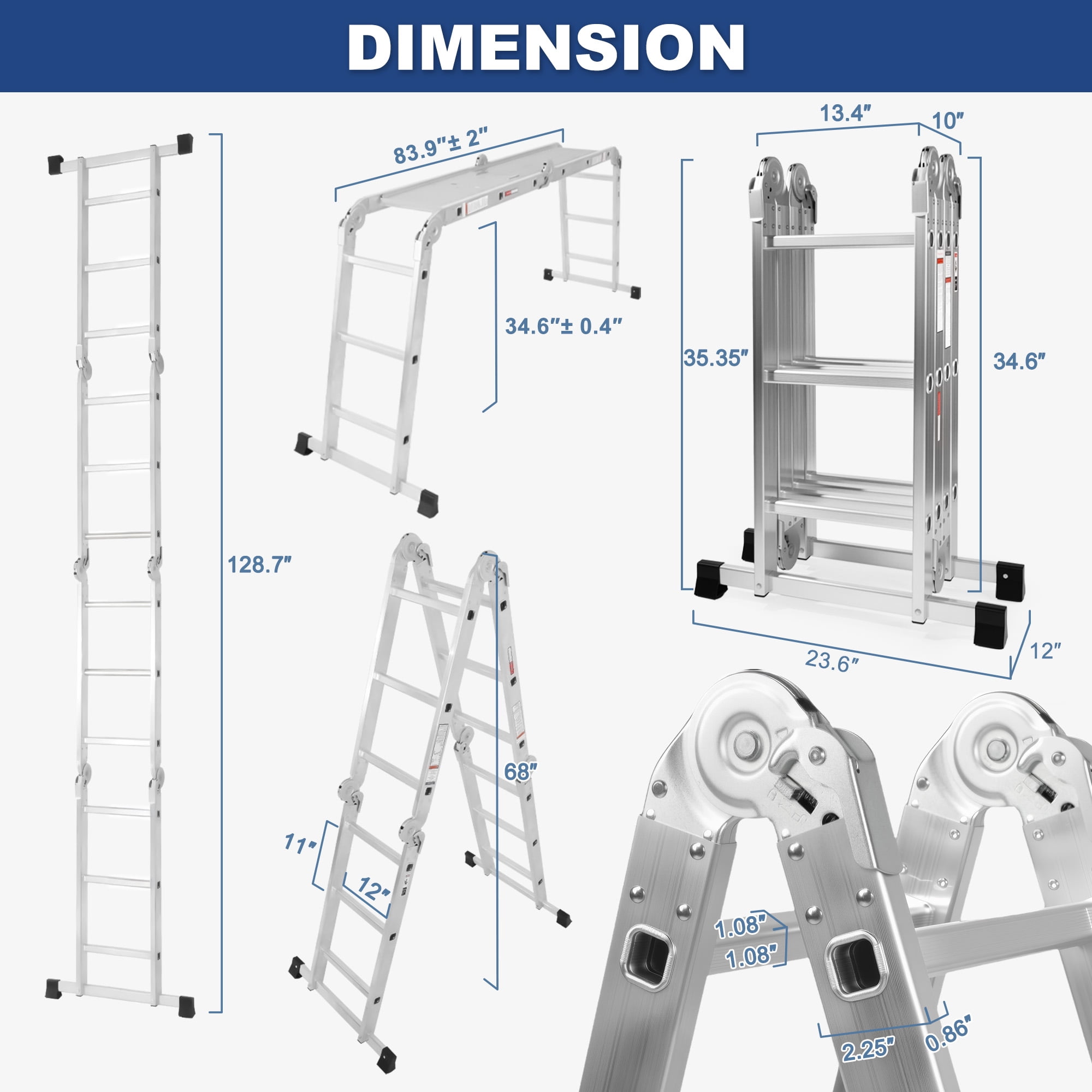 edx Multi-Purpose Folding Telescoping Ladder, Heavy-Duty Aluminum Alloy, Anti-Slip Design & Safety Lock System (White, 330 lb Capacity) 2gh0l