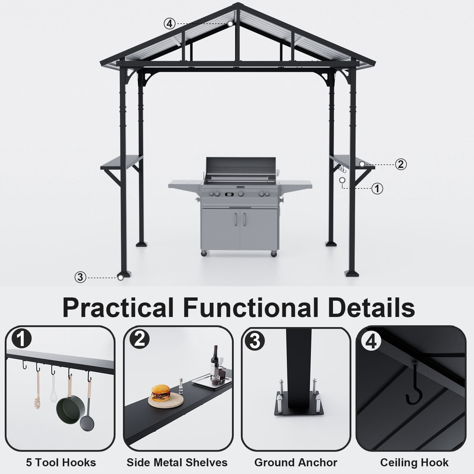 ALAULM 8 ft x 5 ft Hardtop Grill Gazebo, Outdoor BBQ Canopy with 19 in Smokeless Fire Pit, Metal Roof, Side Shelves & Tool Hooks (Black) xou82