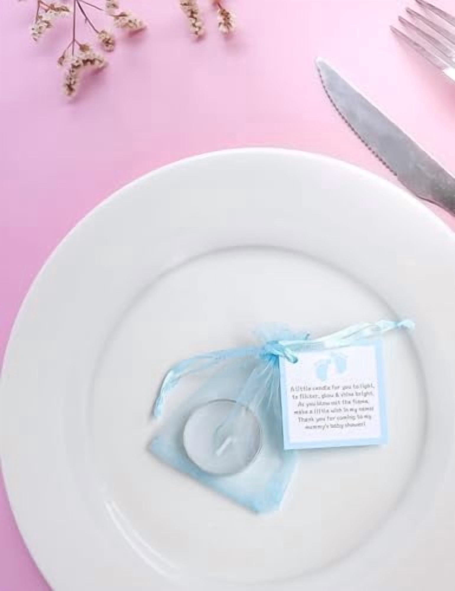 NIANAN Tea Light Candles Party Favor Set with Blessing Cards and Organza Bags (Blue, 50 Pack) vdun4