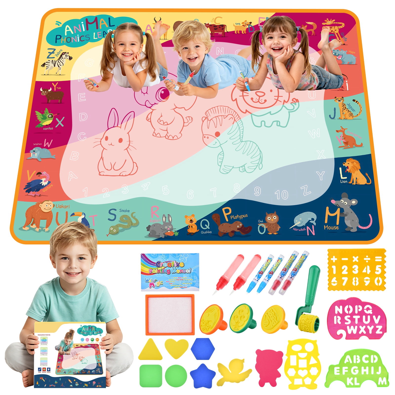 WLBES Water Doodle Mat, Reusable Mess-Free Aqua Drawing Pad for Toddlers (Multicolor, 30 in x 30 in) 2u7dm