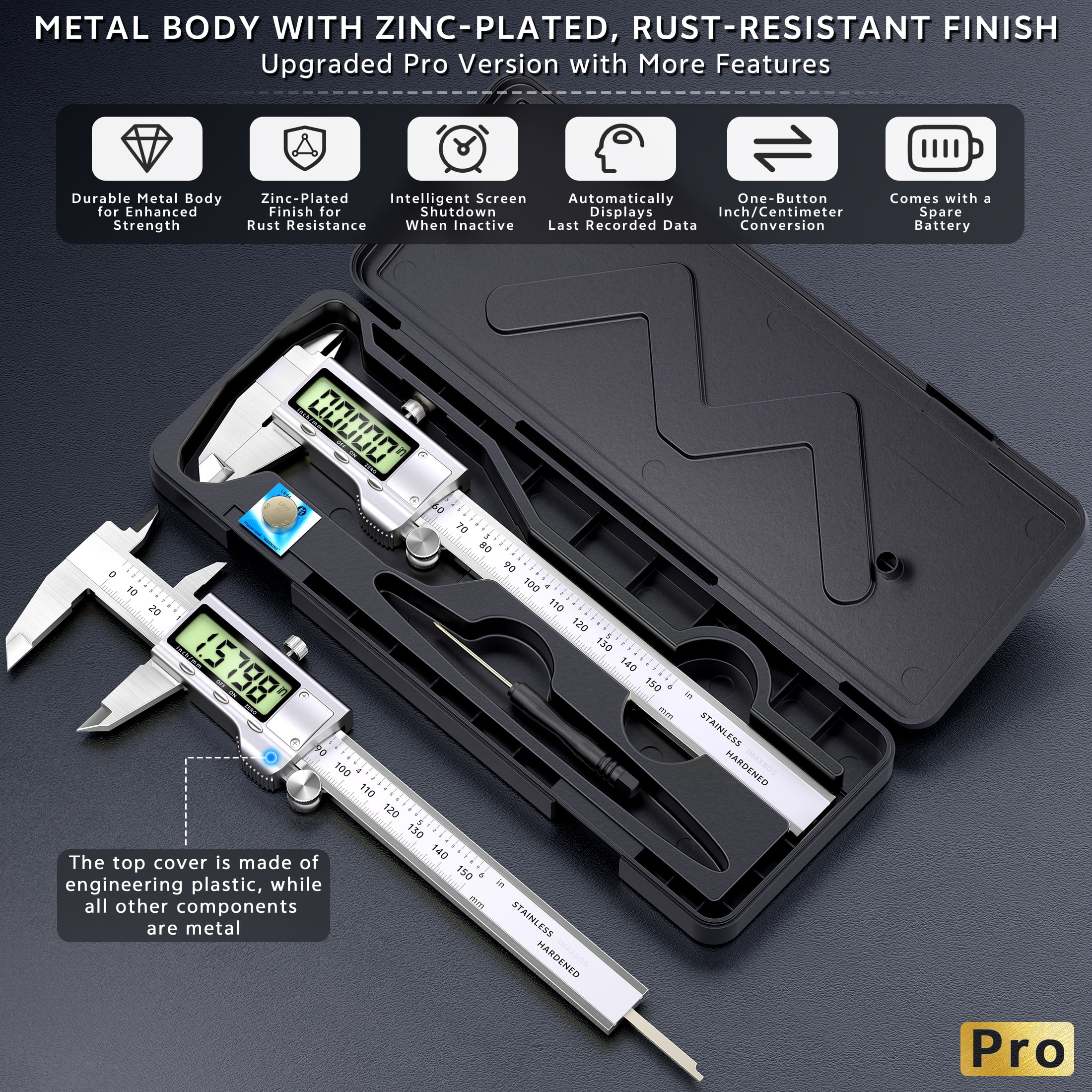 IMAXBOS 6-Inch Digital Caliper, Professional Stainless Steel Vernier Tool with LCD Display (Silver, 6 in) zwyc5