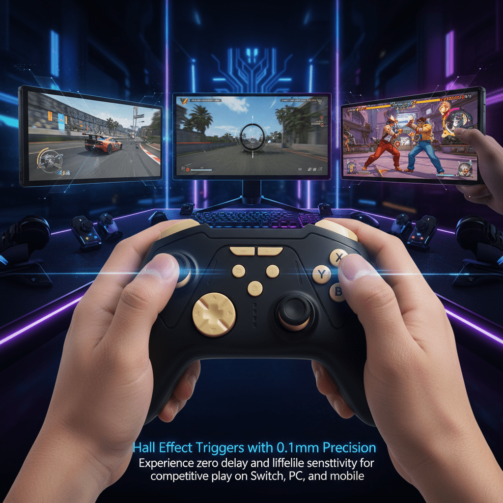 UHM Wireless Pro Controller for Switch, PC, and Mobile with RGB Lighting and Hall Effect Triggers (Black, 1 Count) dvhks