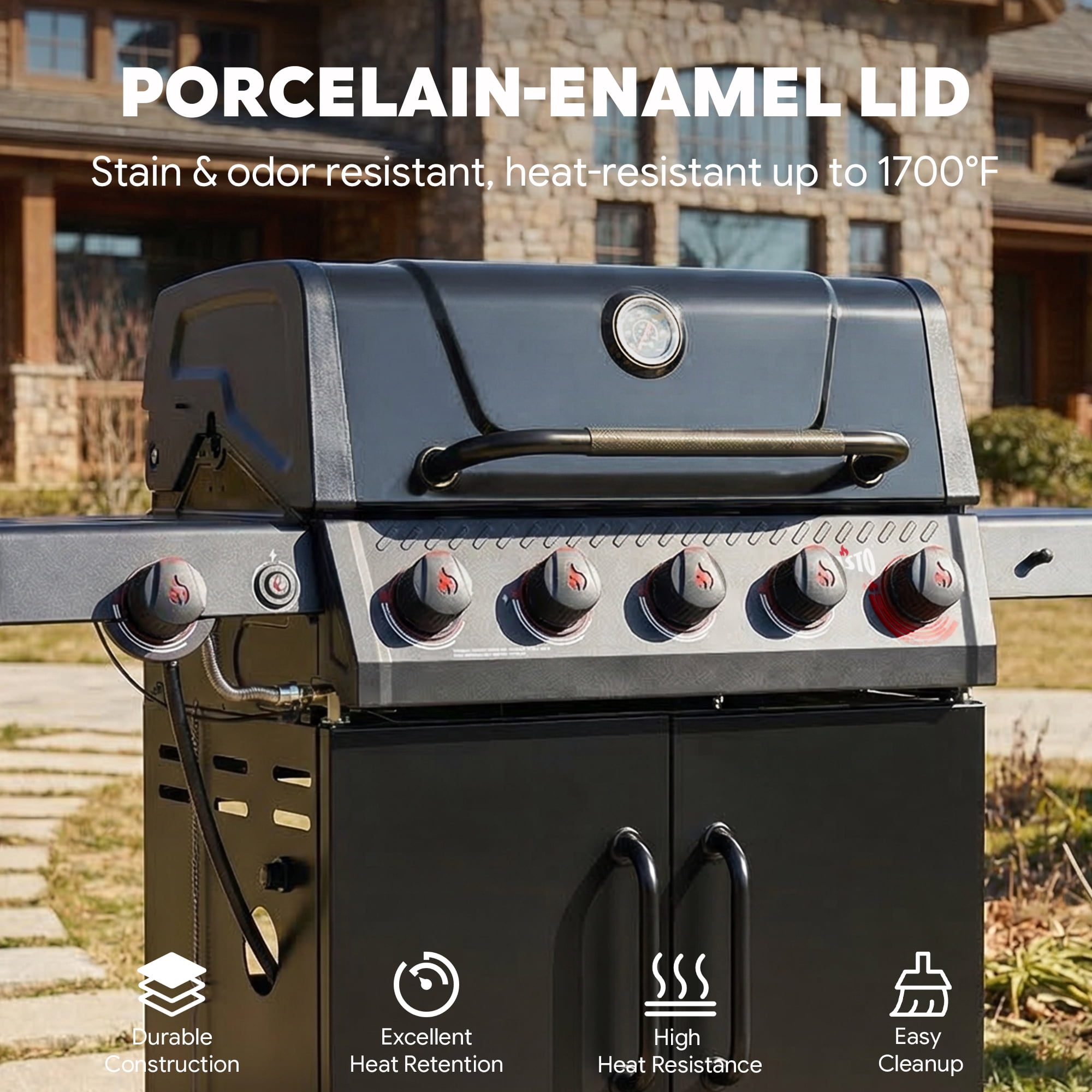 Feasto 5-Burner Propane Gas Grill with Side Sear Burner and Cabinet Storage (Black, 686 sq in) b3a6f
