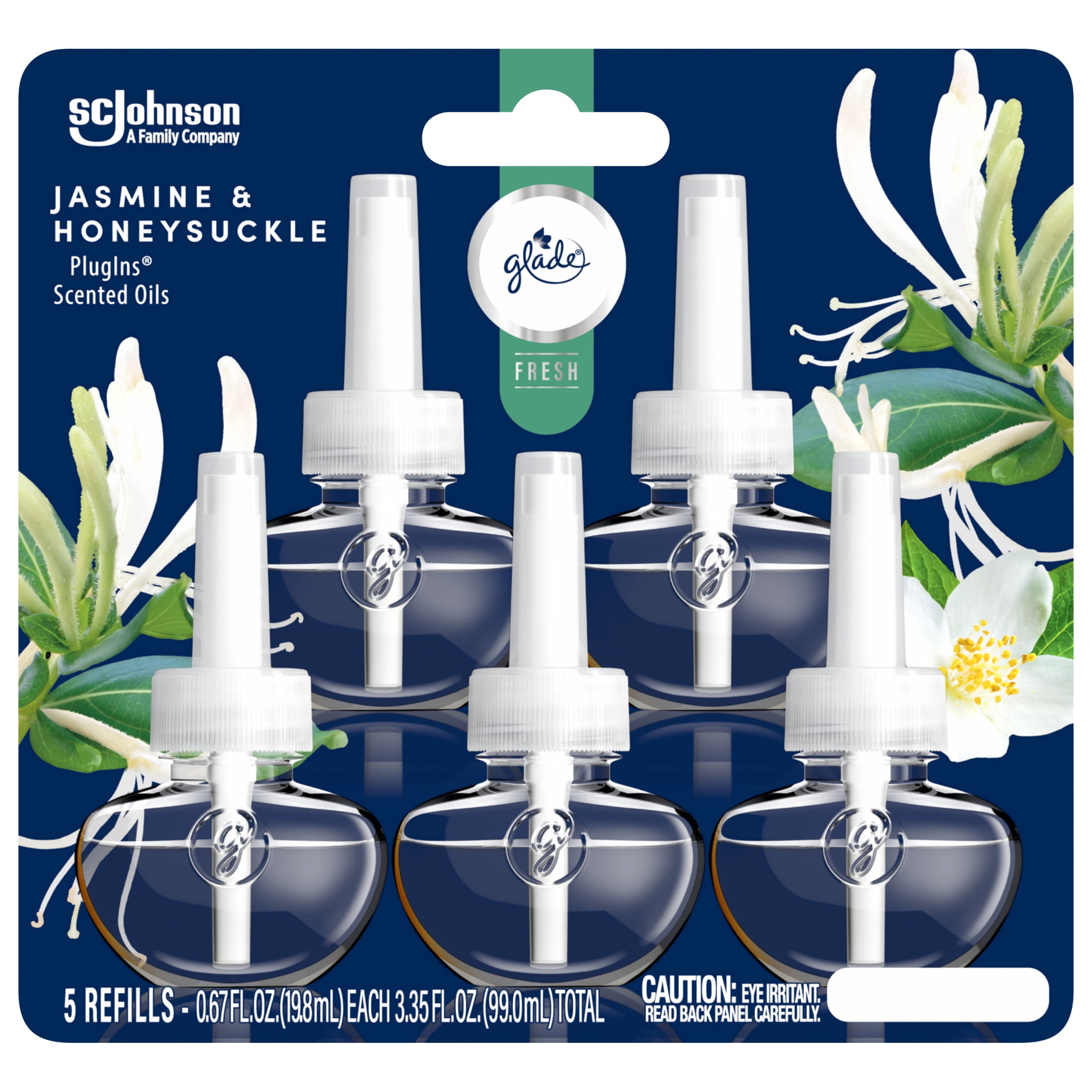 Glade PlugIns Scented Oil Air Freshener Refills, Jasmine & Honeysuckle, Long-Lasting Floral Fragrance (5 Pack, 0.67 fl oz Each) 3wtv5