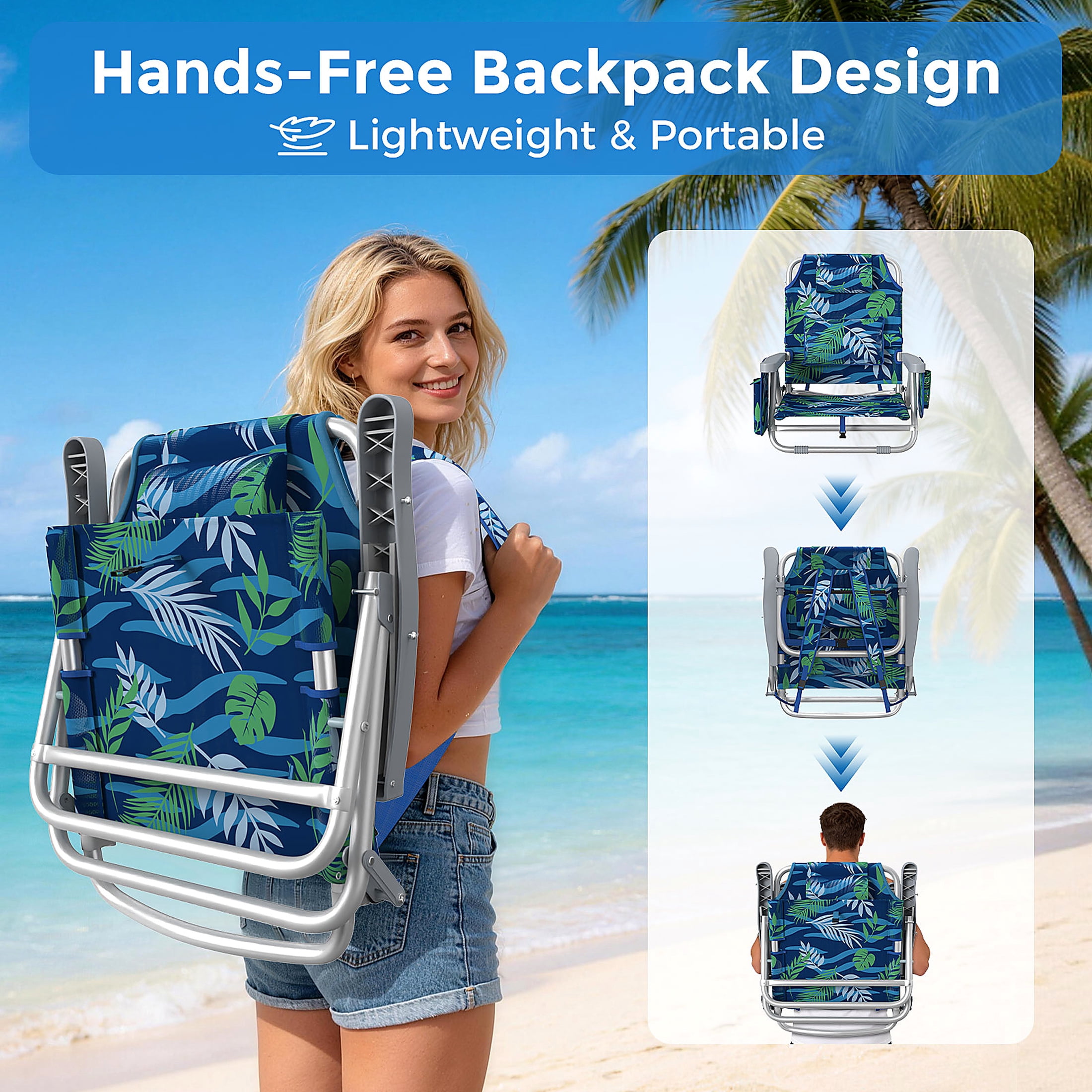 DKMOCO Backpack Beach Chair Folding Camping Chair, Heavy Duty 6-Position Reclining Outdoor Lounge Chair with Cup Holder (Leaf Blue-Green, 1 Pack) 8l8kz