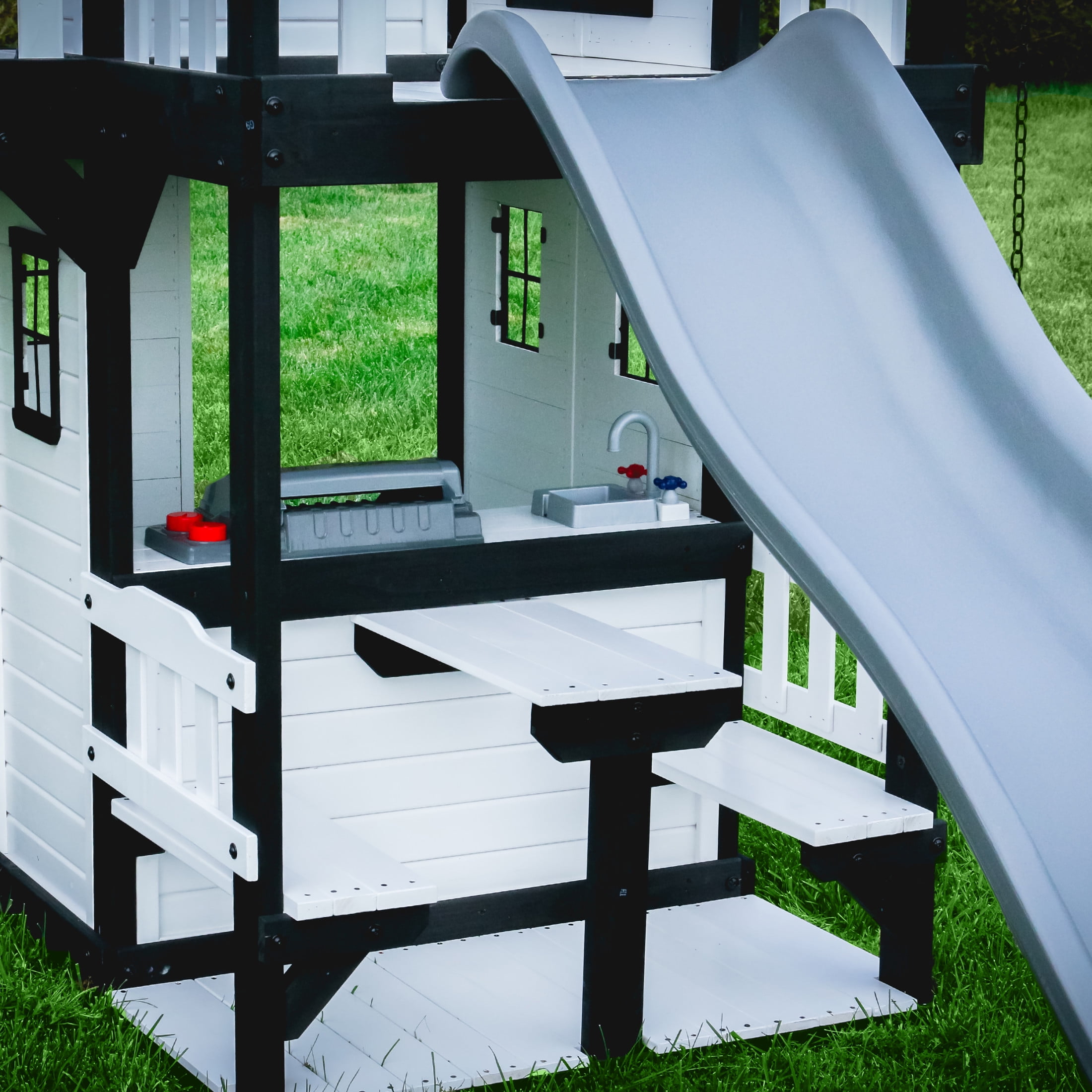 Backyard Discovery Canyon Creek Cedar Wood Swing Set with Slide, Clubhouse, and Rock Wall (White, Large) dzuh1