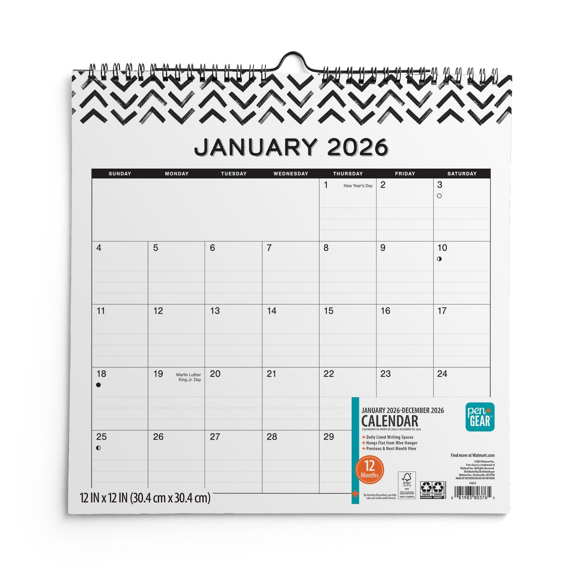 Pen+Gear 2026 Monthly Spiral Wall Calendar (Black, 12 in x 12 in) 6acbj