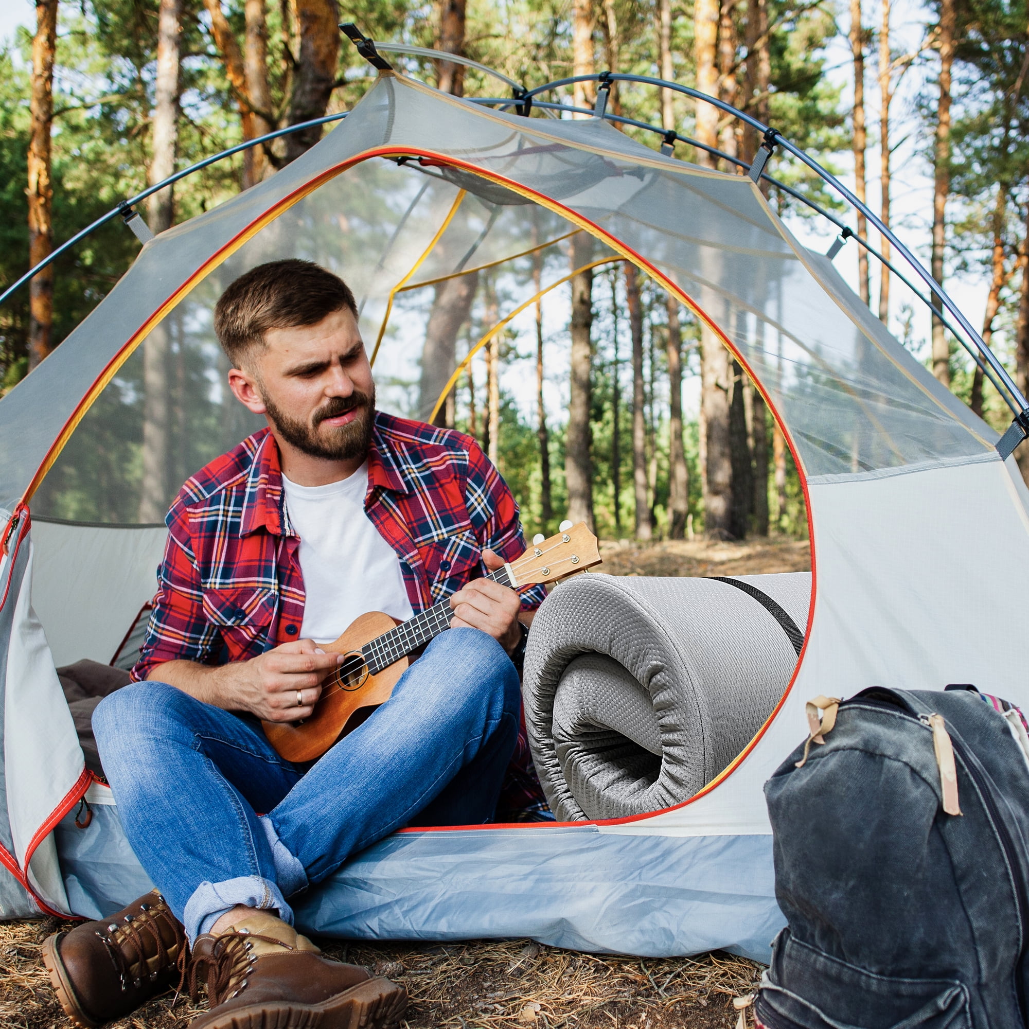 Yoneston Memory Foam Camping Mattress Pad, Portable Roll-Up Sleeping Mat for RV SUV Tent (Gray, 75 in x 30 in x 4 in) r1pdv