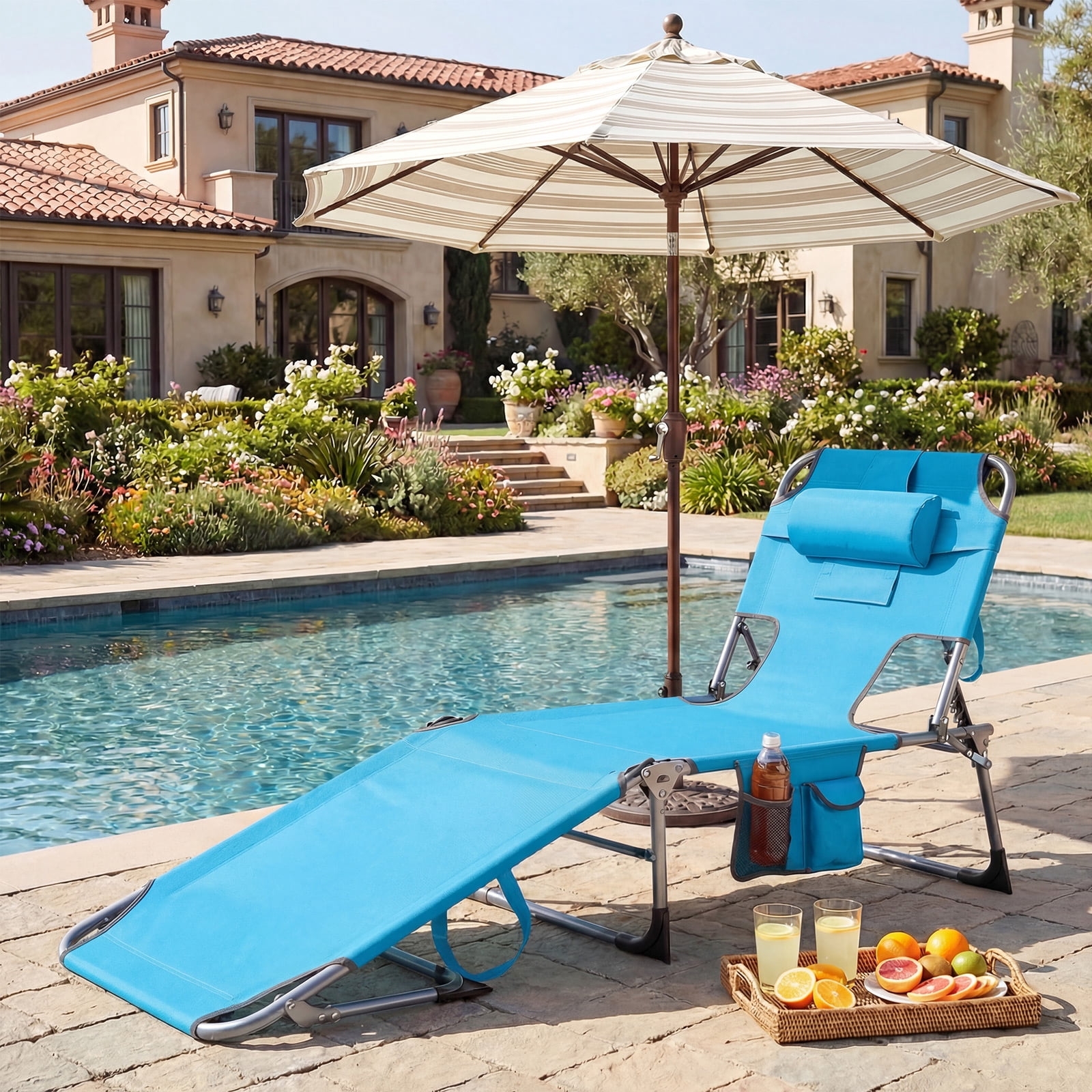 Gymax Folding Tanning Beach Chair with Face and Arm Holes, Adjustable Backrest (Blue) wdoa0