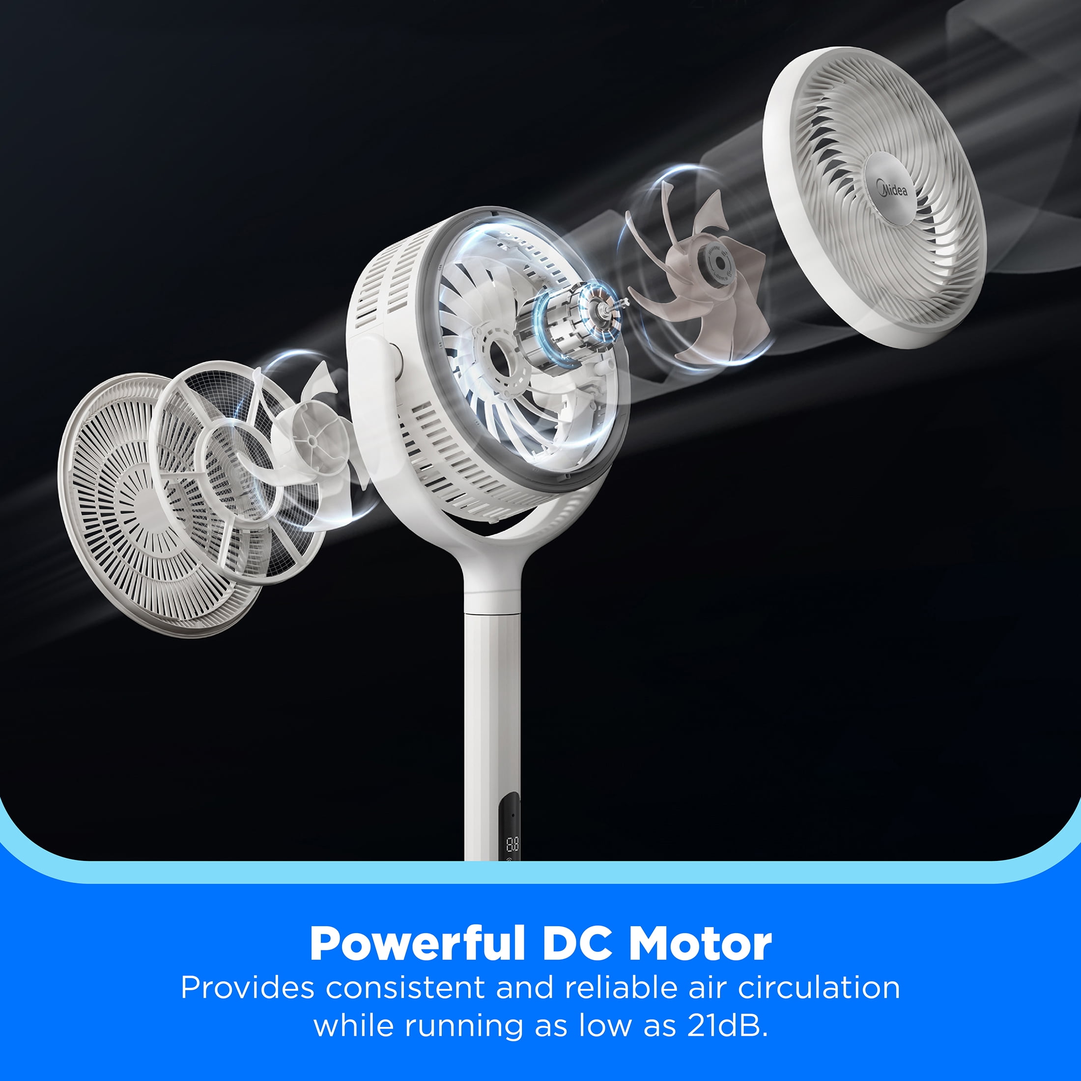 Midea Smart Pedestal Fan with Remote, 12-Speed Adjustable Height Oscillating Cooling Fan (White, 33.9-44.1 in) to45o