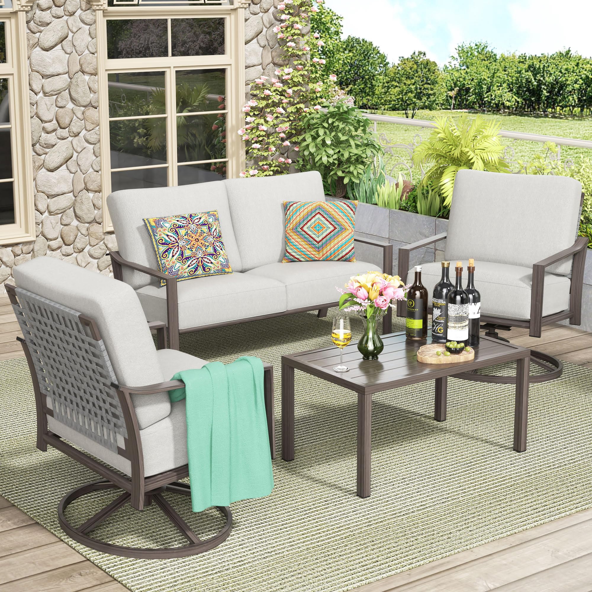 NATURAL EXPRESSIONS 4-Piece Outdoor Patio Conversation Set with Swivel Rocking Chairs and Hand-Woven Rope Back (Beige, 4-Piece Set) 9zrj8