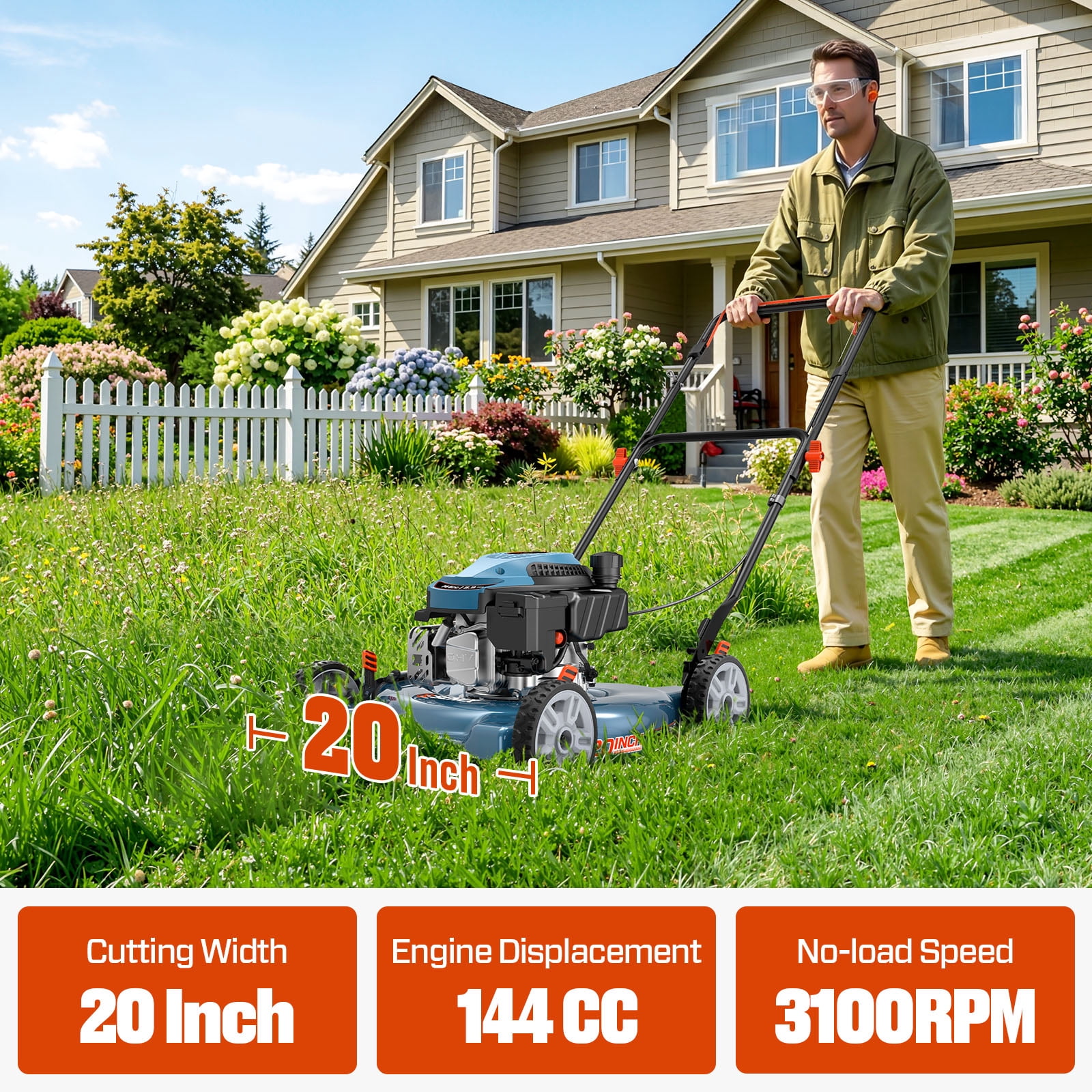 SENIX 20-Inch Gas Lawn Mower, 144cc 4-Stroke Engine Push Mower with Steel Deck (Blue, 20 in) i0r5y