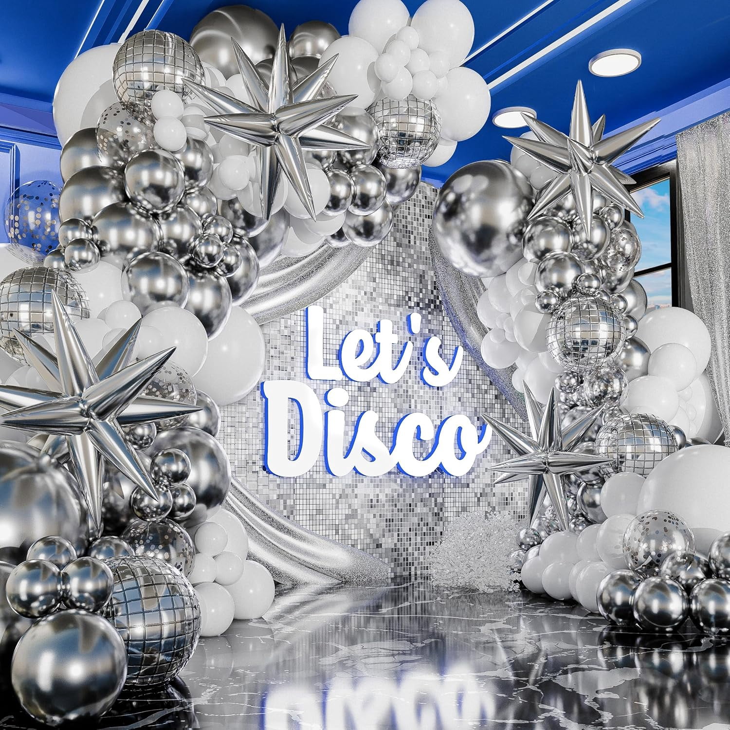 Sheryl Décor Disco Balloon Arch Kit for Party Decorations (Silver and White, 100-Piece Set) 1xoes