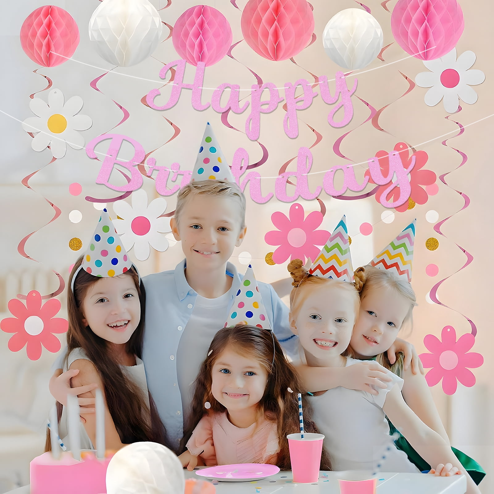KiddiTouch Happy Birthday Party Decorations Set, Pre-Strung Banner with Honeycomb Balls and Hanging Swirls (Pink, 16-Piece Set) fb5cy
