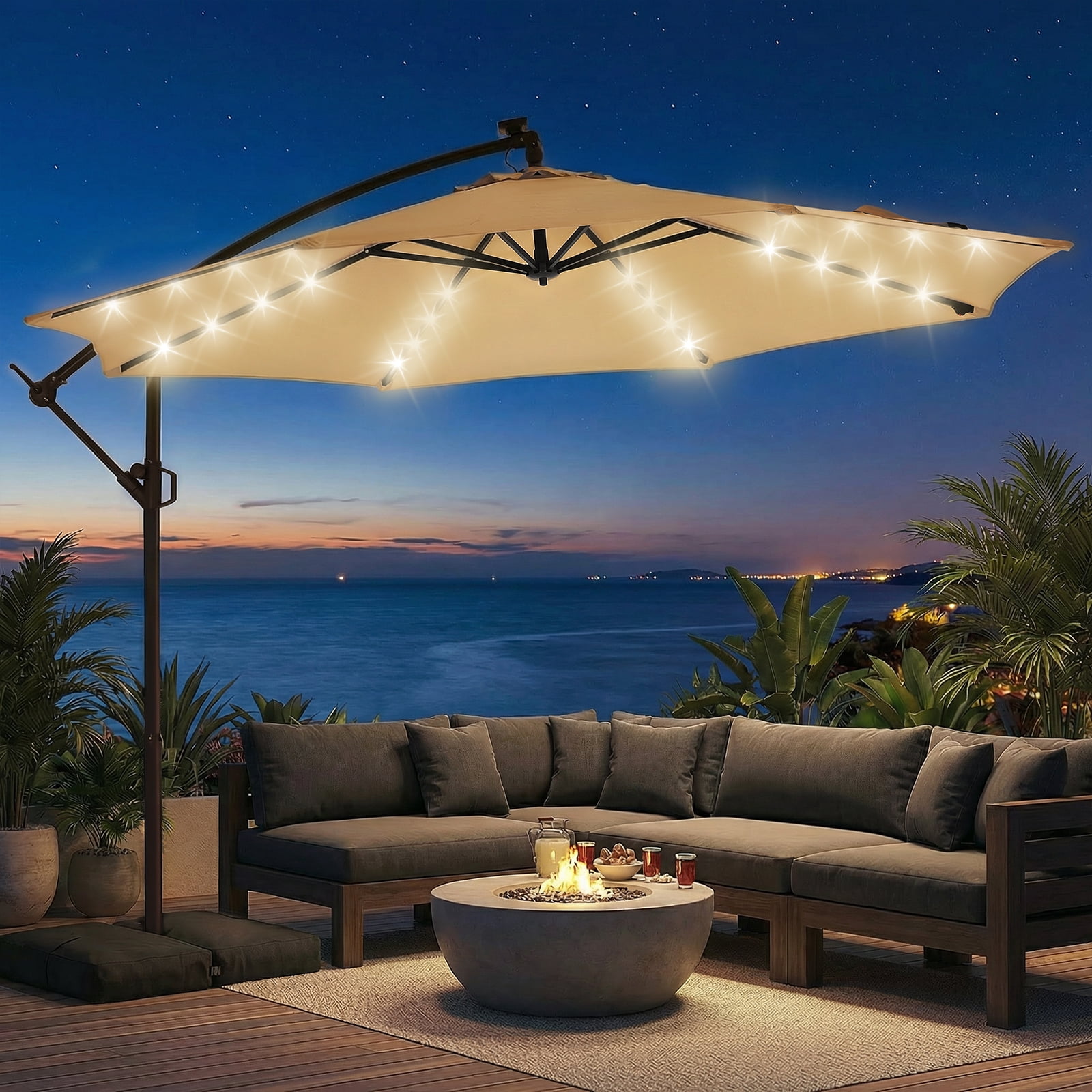 Patbrela 10ft Offset Patio Umbrella with Base, Cantilever Hanging Outdoor Shade with Solar LED Lights and Infinite Tilt (Beige, 10 ft) 99u9u