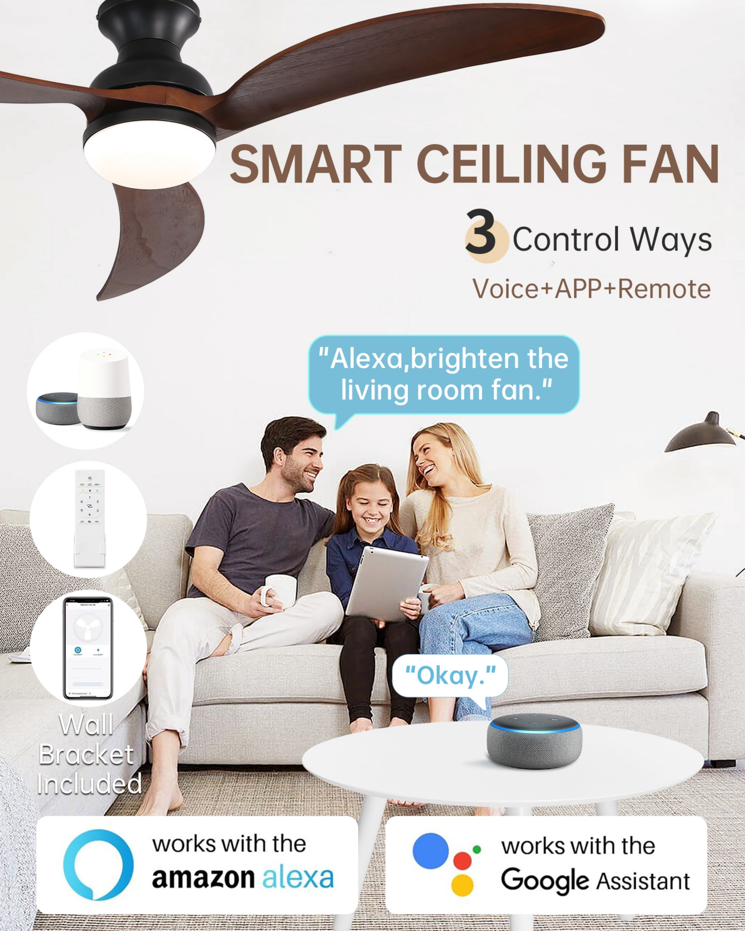 Sofucor 52 in Flush Mount Ceiling Fan with LED Lights and Remote Control (Modern, 52 in) w8an4