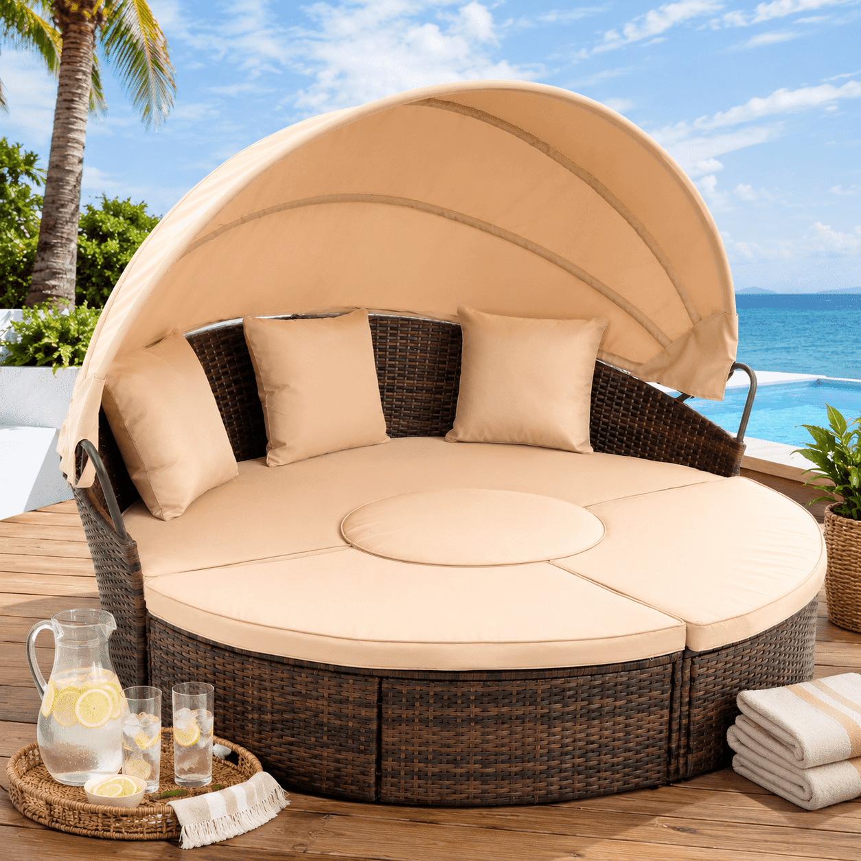 Seizeen 4-Piece Outdoor Patio Daybed with Retractable Canopy, Rattan Wicker Sectional Conversation Set with Lifting Ottoman Table (Khaki, 4-Piece) rnj6u