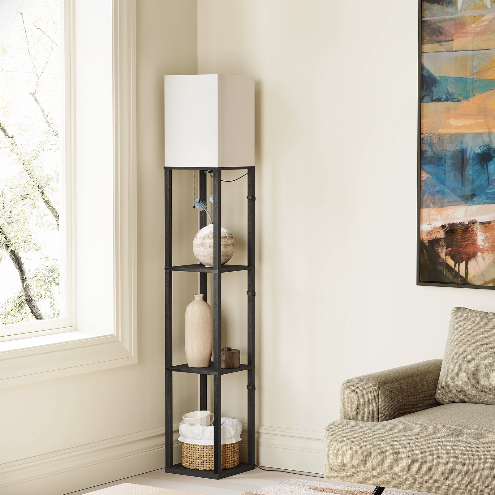 SUNMORY Floor Lamp with Shelves, Standing Lamp for Living Room and Bedroom, Modern Storage Shelf Lamp with LED Bulb (Black, 63 in) uk1io