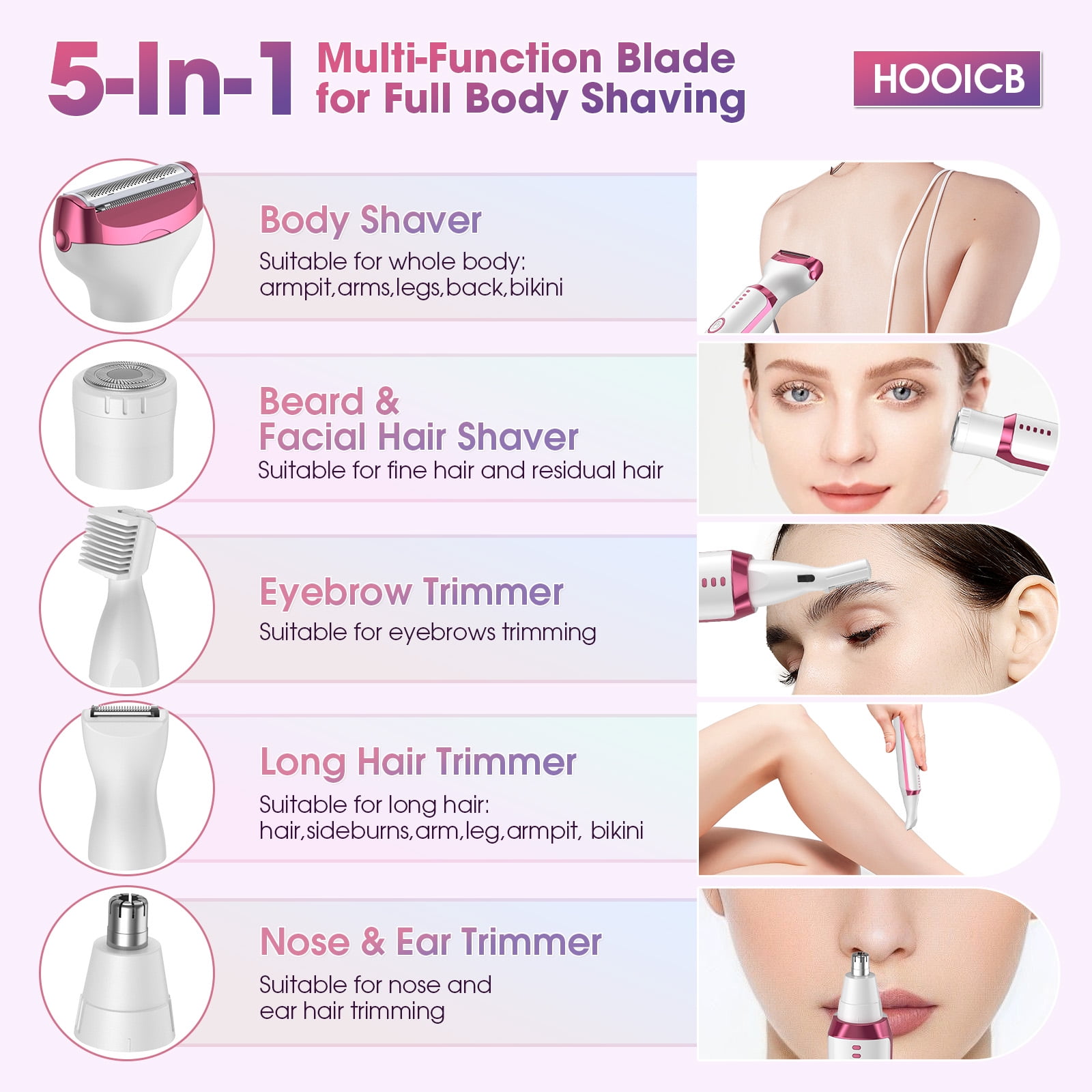 HOOICB Electric Razor for Women, 5-in-1 Rechargeable Cordless Bikini Trimmer and Hair Removal Set (Pink) 629pr