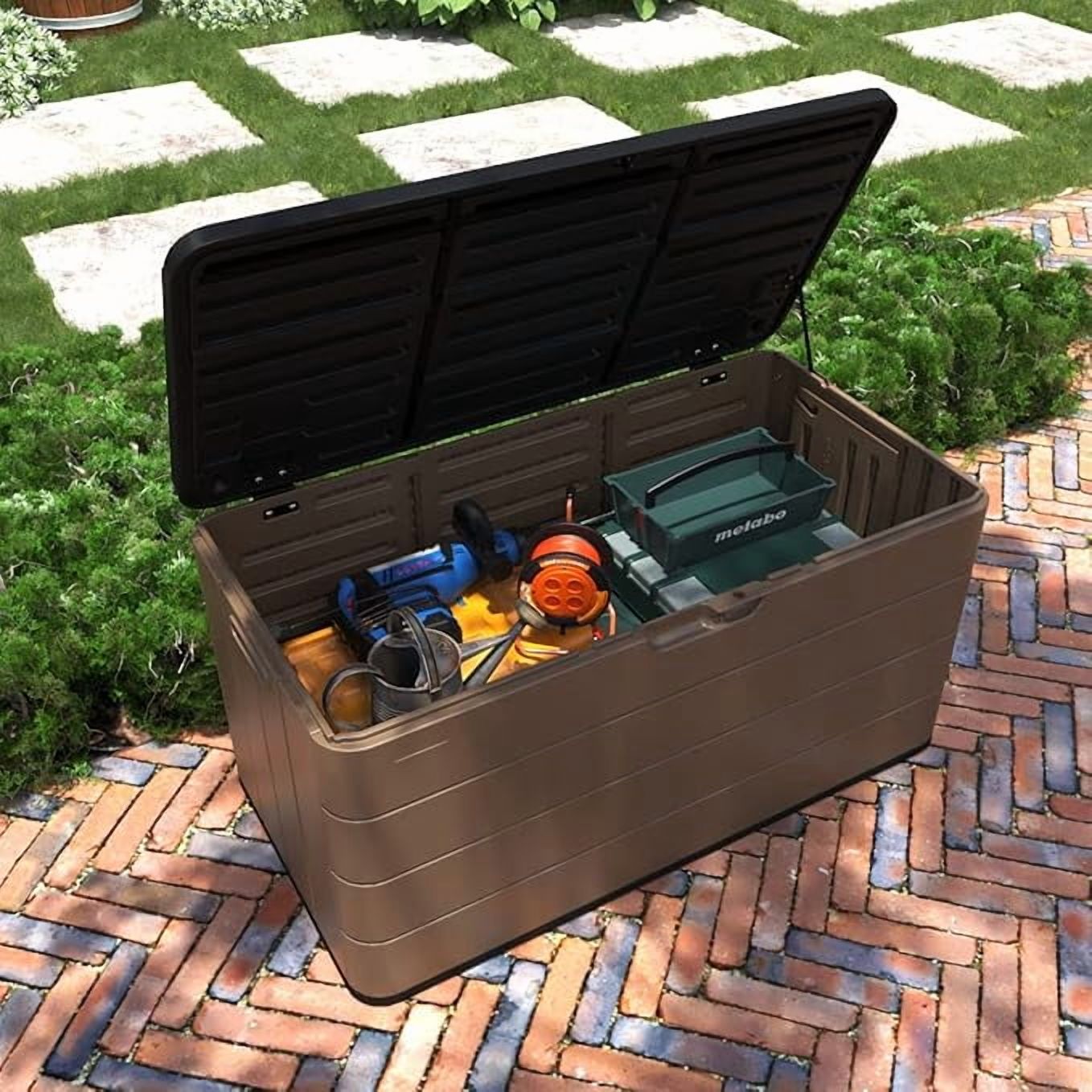 Decksplore 110 Gal Resin Deck Box Outdoor Waterproof Storage Bench for Patio Furniture and Garden Tools (Brown) y9z30