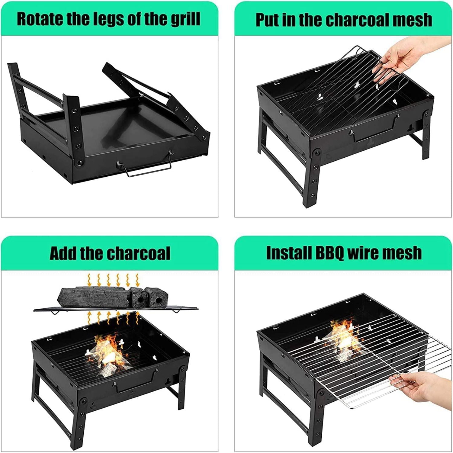 Vowella Portable Folding Charcoal Grill, Compact Stainless Steel Barbecue Set for Camping and Picnics (Black, 17 in x 11 in x 11 in) xr9g8