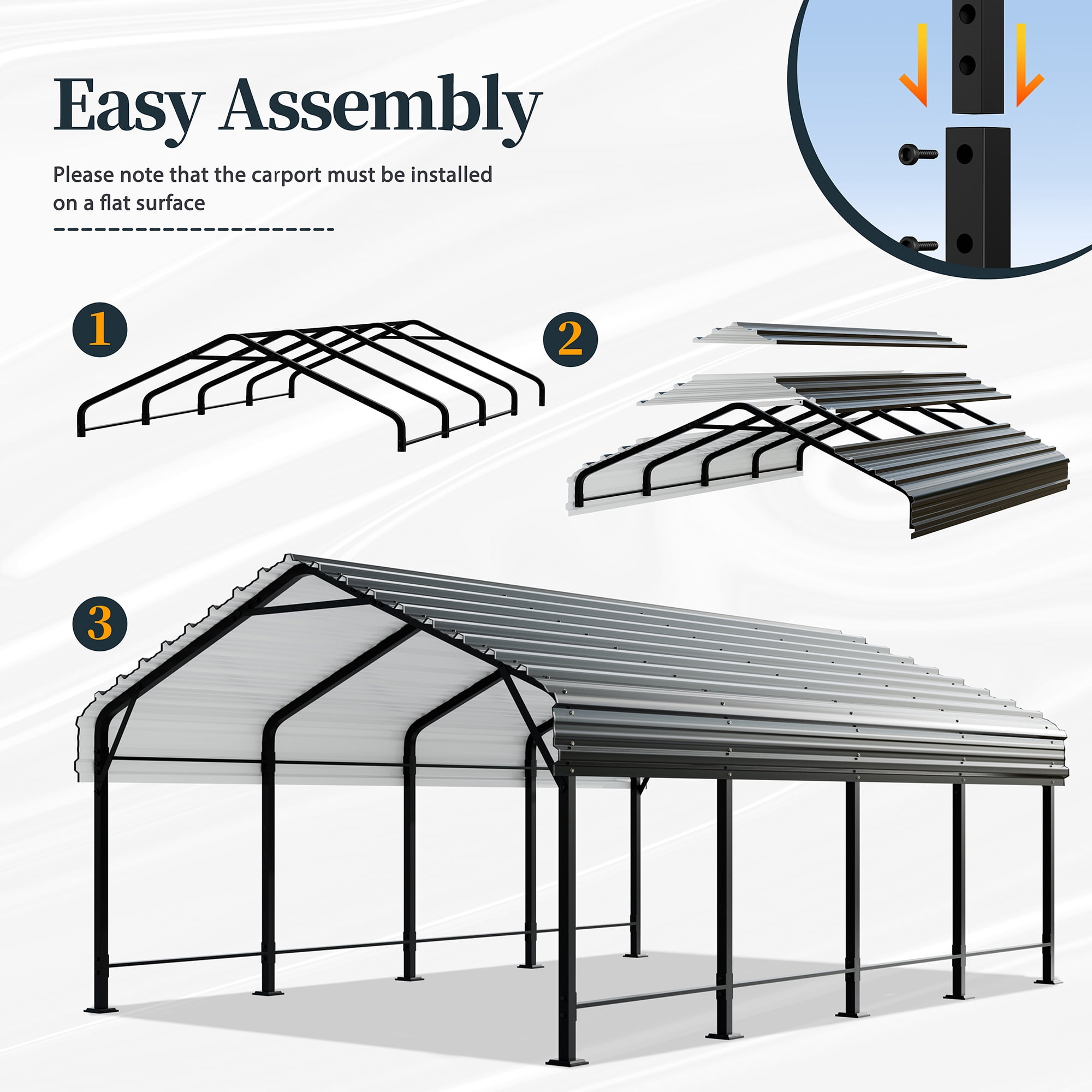 Walsunny Heavy Duty Metal Carport Canopy, Galvanized Steel Roof Garage Shelter (Gray, 12 ft x 20 ft) 8elux