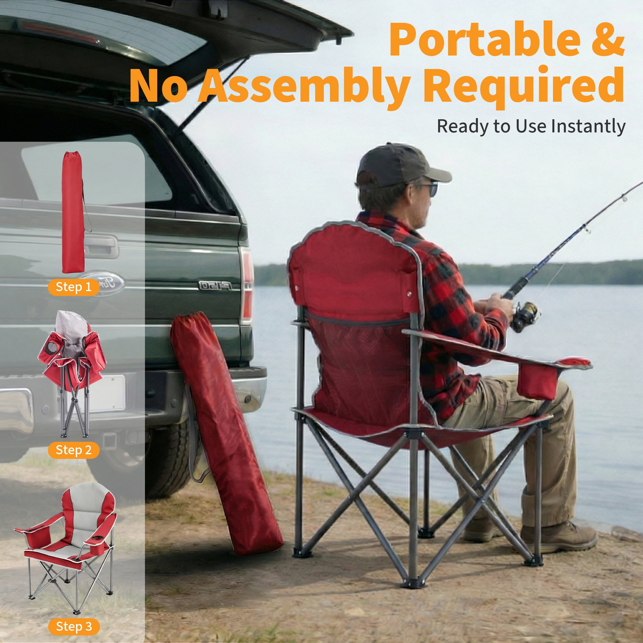 EDX Heavy Duty Camping Chair, Oversized Folding Lawn Chair with Padded High Back and Cup Holder (Red, 500 lb Capacity) rqhyo