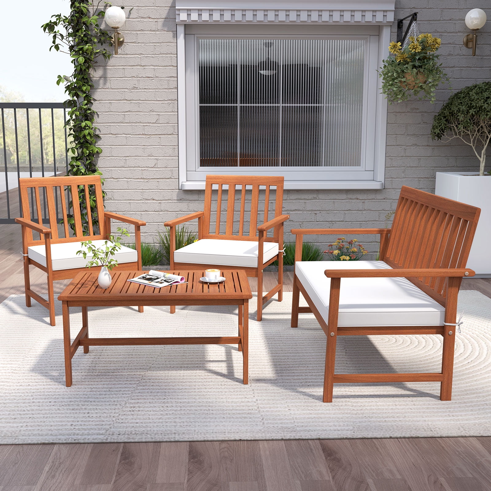 Gymax 4-Piece Acacia Wood Patio Conversation Set with Cushions (White, 4-Piece Set) zioc6
