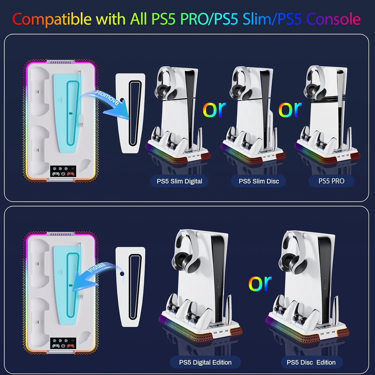 Prociv PS5 Cooling Stand with Dual Controller Charger and Headset Holder (White, 1 Pack) i0993