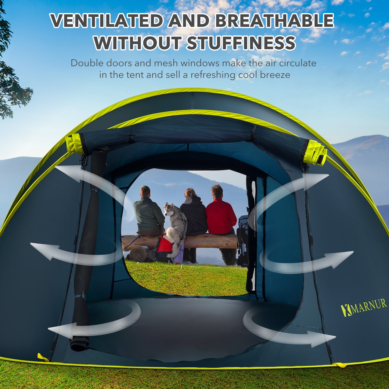 MARNUR 4-Person Instant Pop Up Camping Tent, Auto Setup Outdoor Shelter with Mesh Windows (Dark Blue, 110.2 in x 78.7 in) 722cl