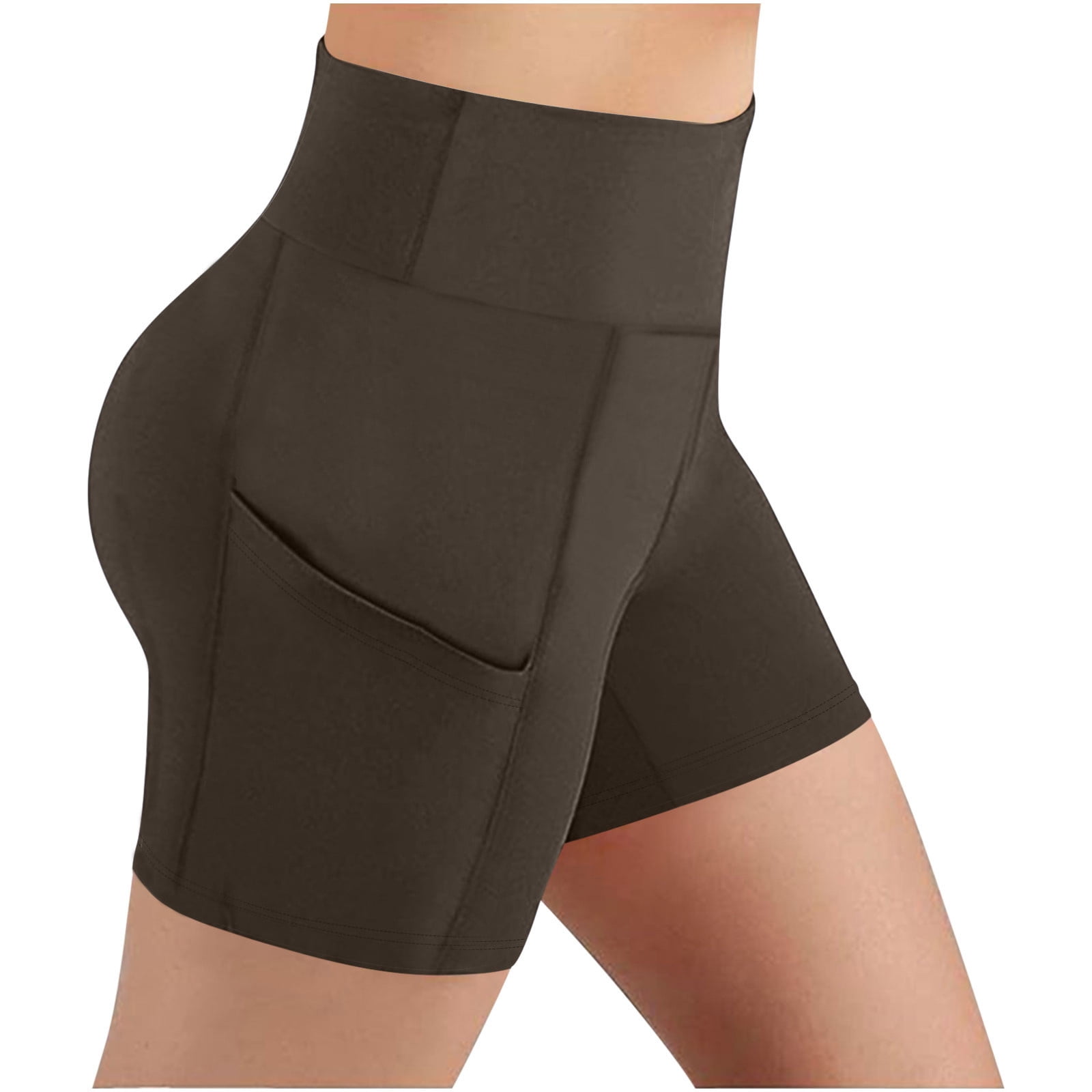 EGNMCR Women's High Waist Biker Shorts with Pockets (Brown, XL) gtdu1