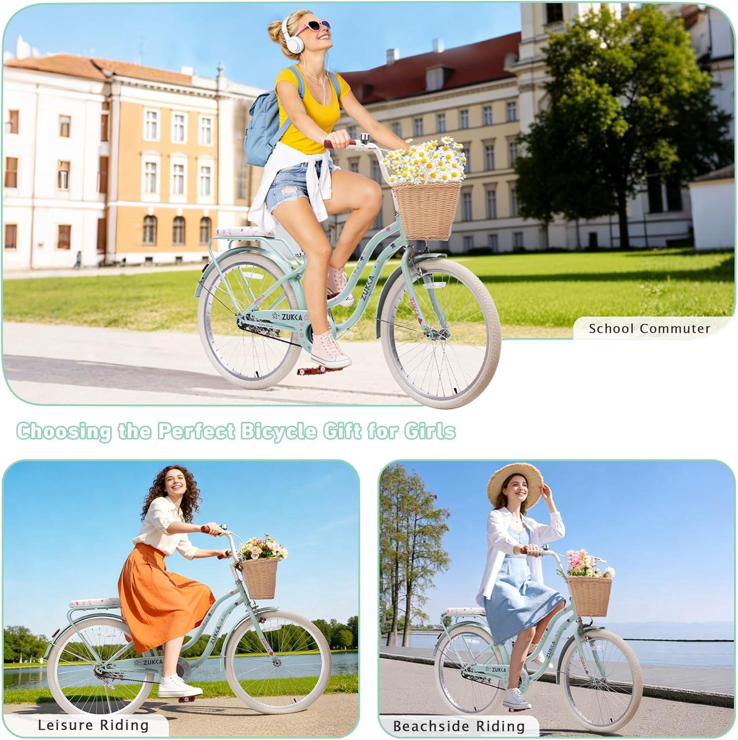 Ambifirner 24 in Cruiser Bike, Single-Speed Retro Steel Frame Bicycle for Women with Dual V-Brakes (Ocean Teal, 24 in) jcp07