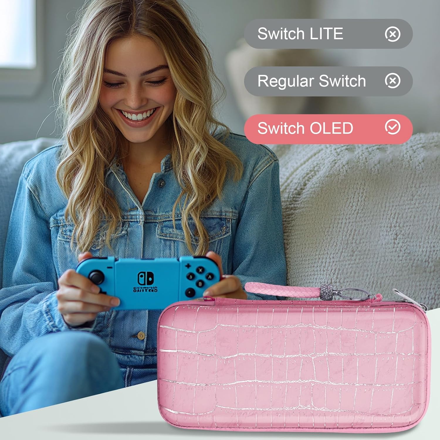HOMICOZY Carrying Case for Nintendo Switch OLED, Protective Accessories Set with TPU Cover, Screen Protector, and Adjustable Strap (Pink Crocodile, 10.4 x 5.1 x 1.8 in) wxav3