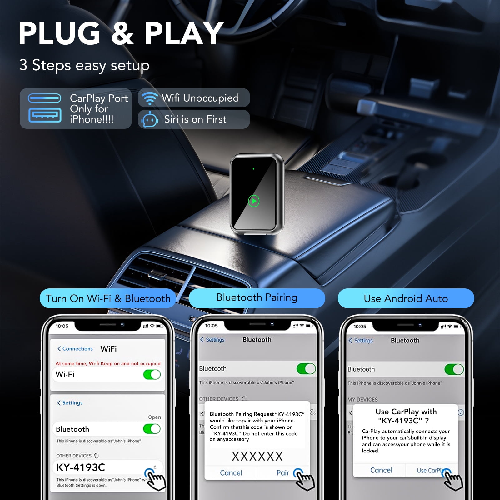 SUPBS Wireless CarPlay Adapter for iPhone, Wired to Wireless Converter Dongle (Black, 1 Pack) acfon