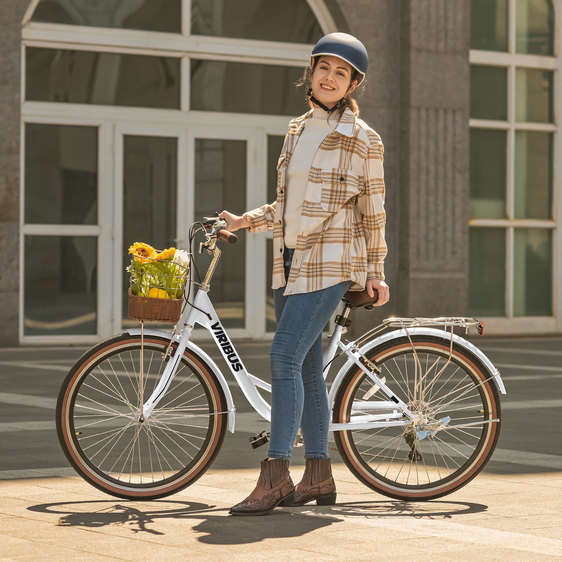 Viribus 24 in Women's Cruiser Bike, 7-Speed Beach and City Bicycle with Basket and Rack (White) 3vvao