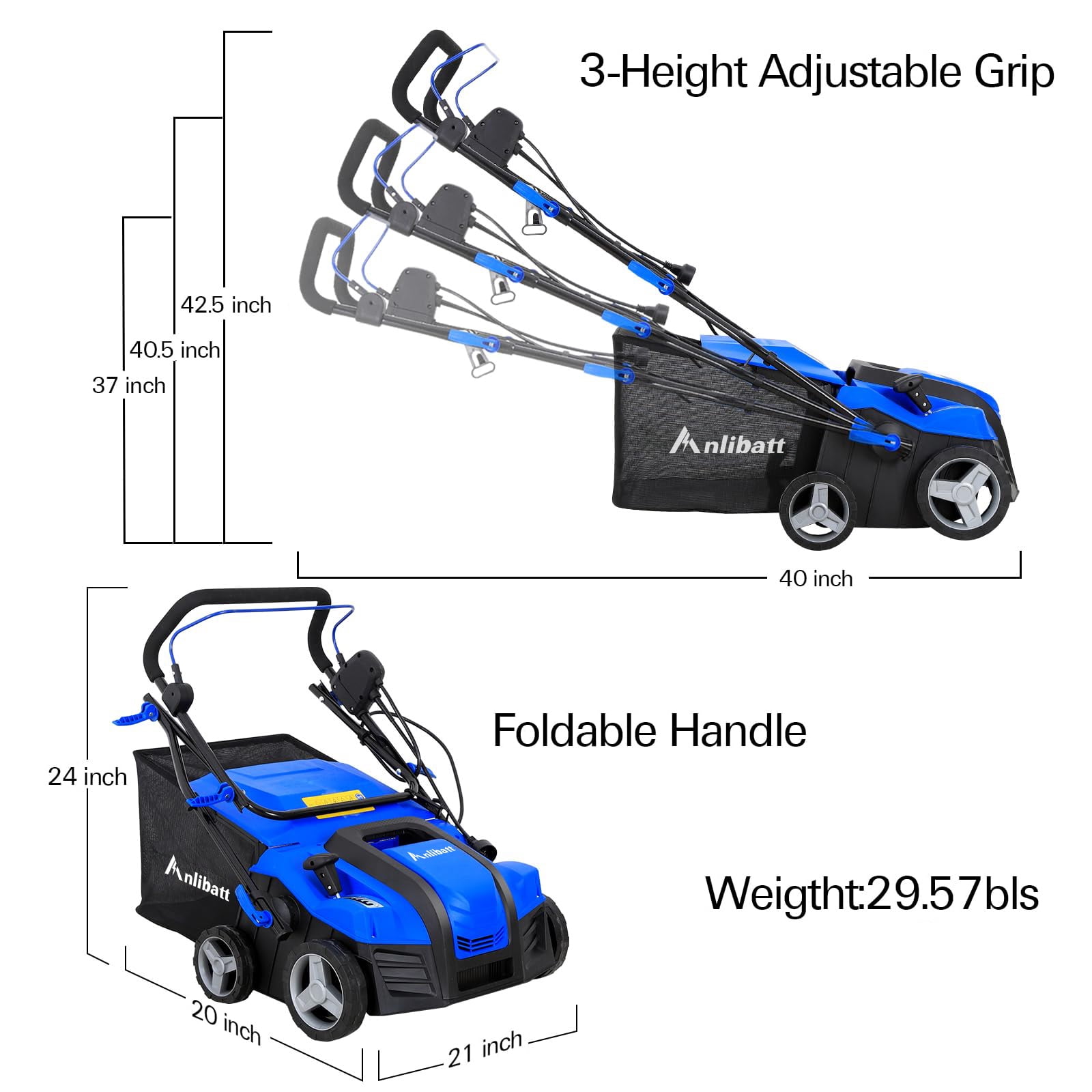 ANLIBATT 16 in Electric Dethatcher and Scarifier 15 Amp 2-in-1 Lawn Rake with 14.5 Gallon Collection Bag (Blue) 4mjch