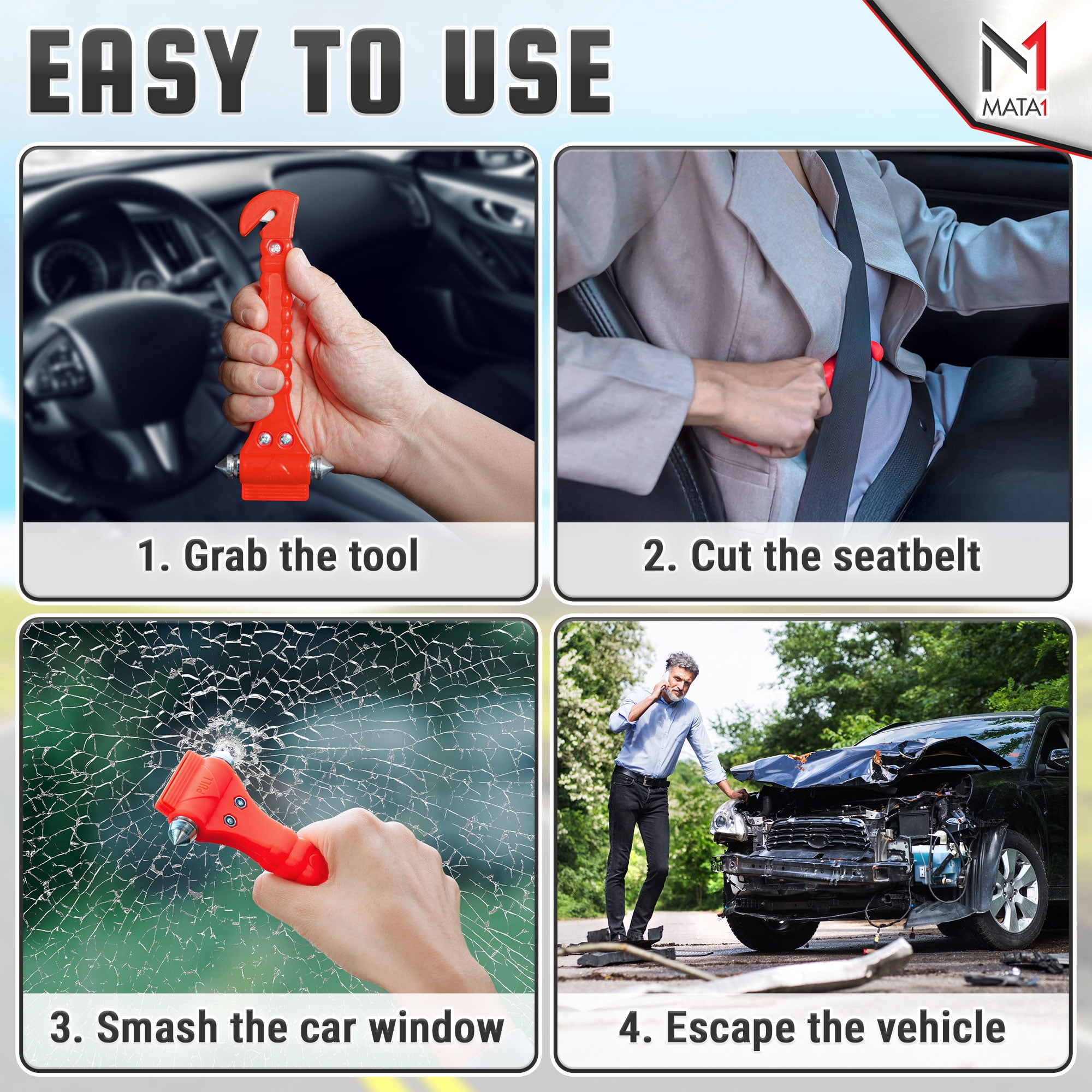 Mata1 Automotive Emergency Seatbelt Cutter and Window Glass Breaker Tool (Red, 2 Pack) 2ku3i